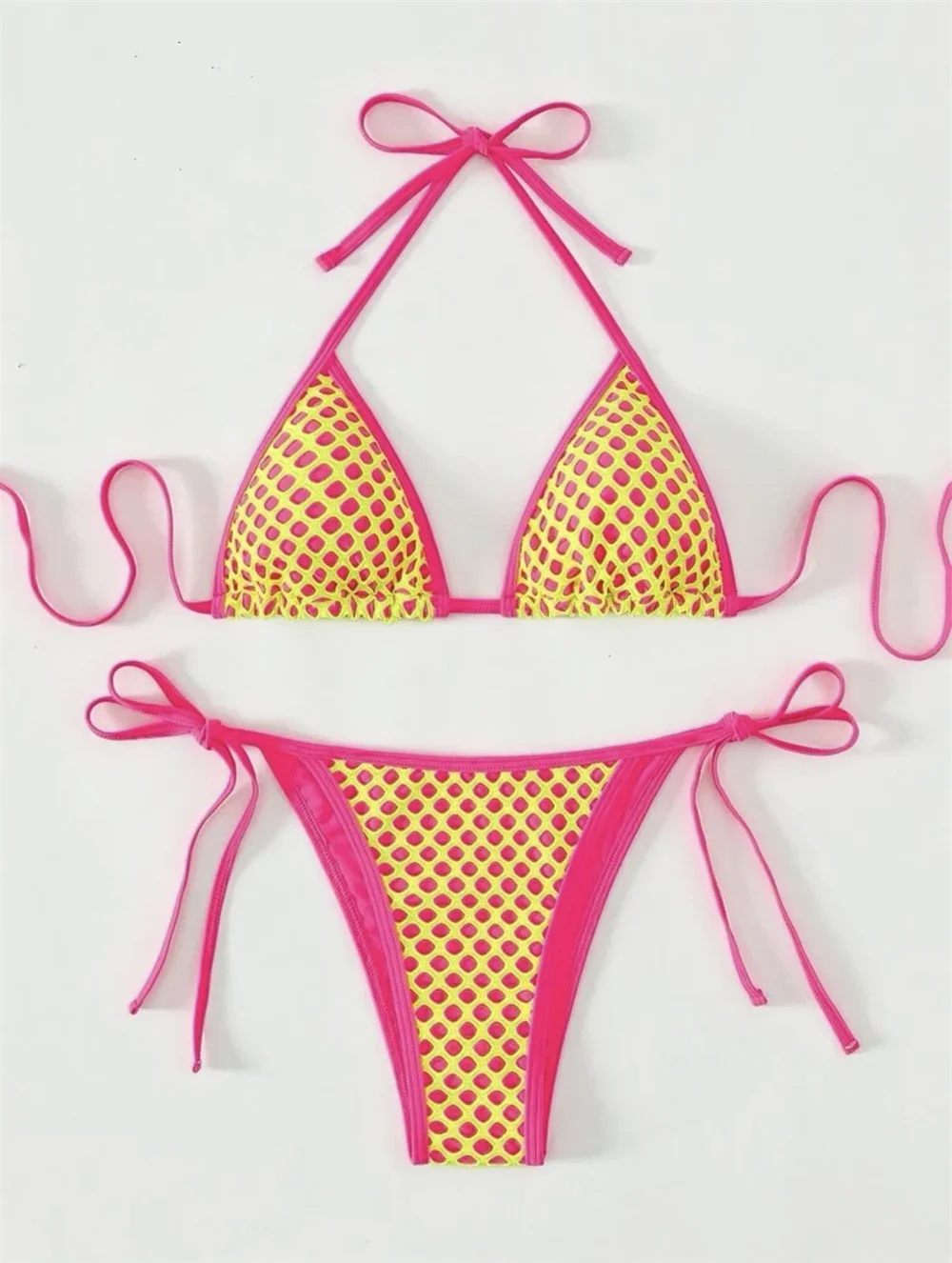 Y2K Holes String Bikini Thong Halter Backless Mesh Swimsuit Women's Triangle Push Up Beachwear
