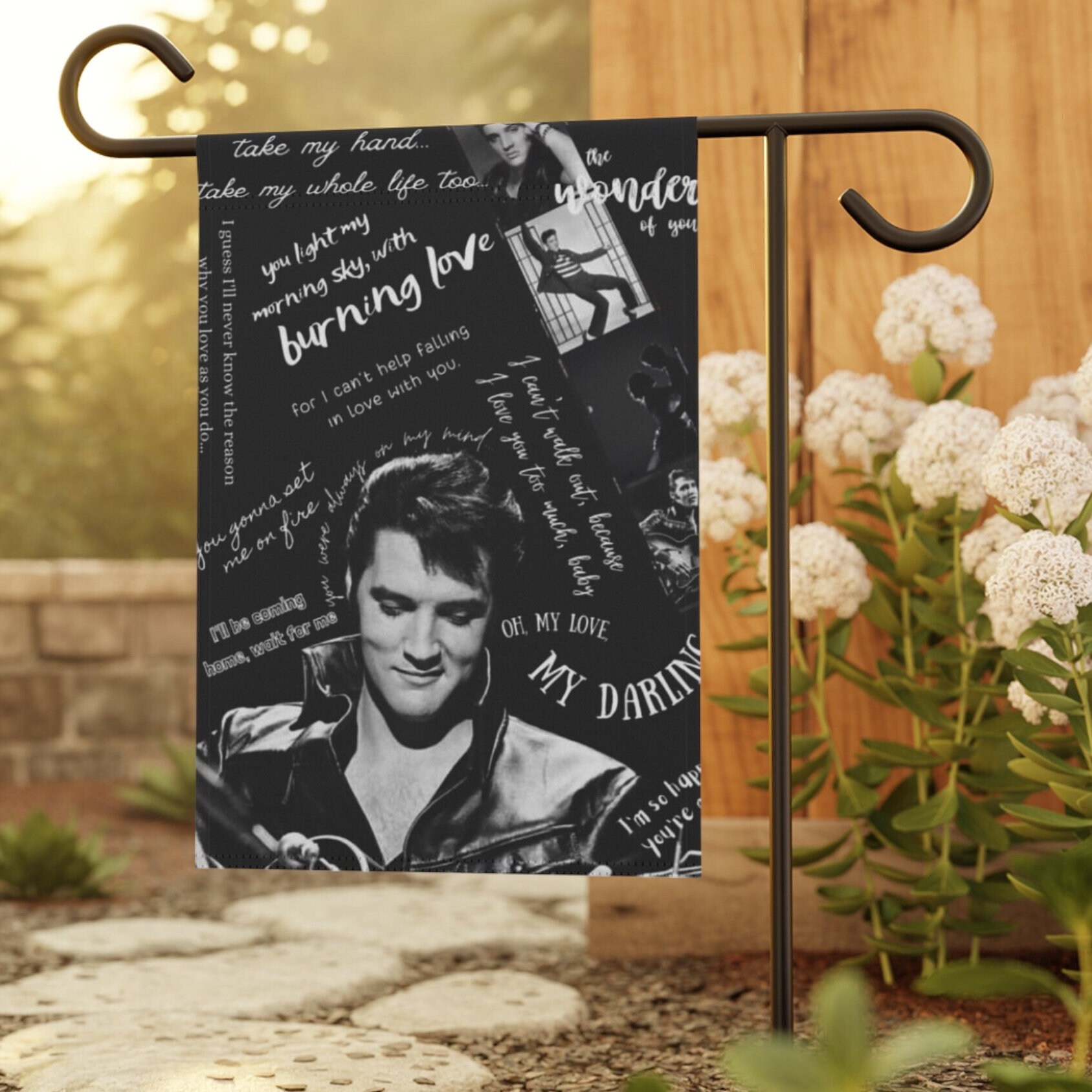 Elvis Presley Custom Garden & House Banner, Black and White Guitar and Lyrics, Home Decor