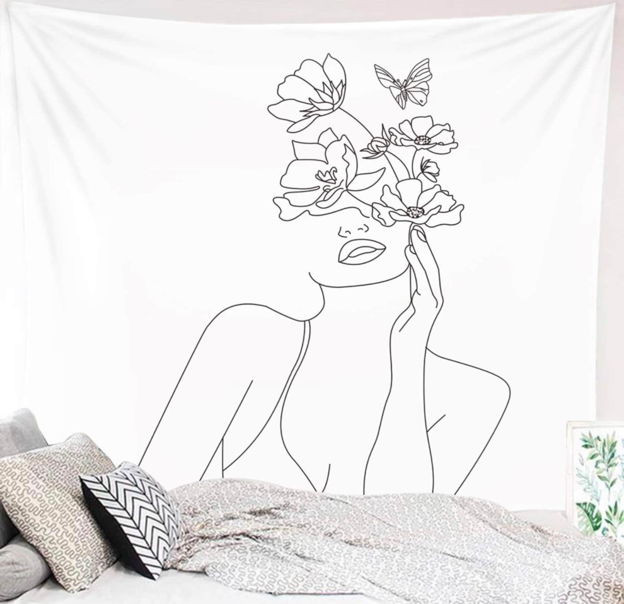 Aesthetic Tapestry, Simple Women with Flower Butterfly Wall Hanging