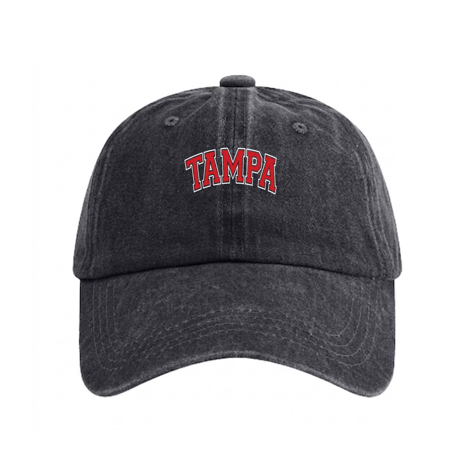 Tampa Florida Fl Varsity Style Red Text Washed Denim Baseball Caps
