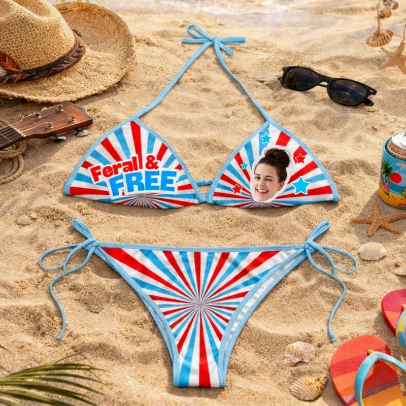 4th of July Custom Face String Bikini Patriotic American Flag Swimsuit Summer Beach Party Outfit