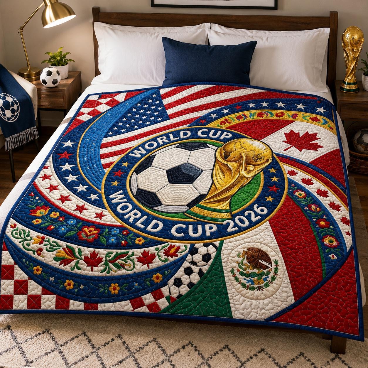 World Cup 2026 Soccer Quilt Blanket, USA Canada Mexico Fan Throw, 2D Printed Bedding