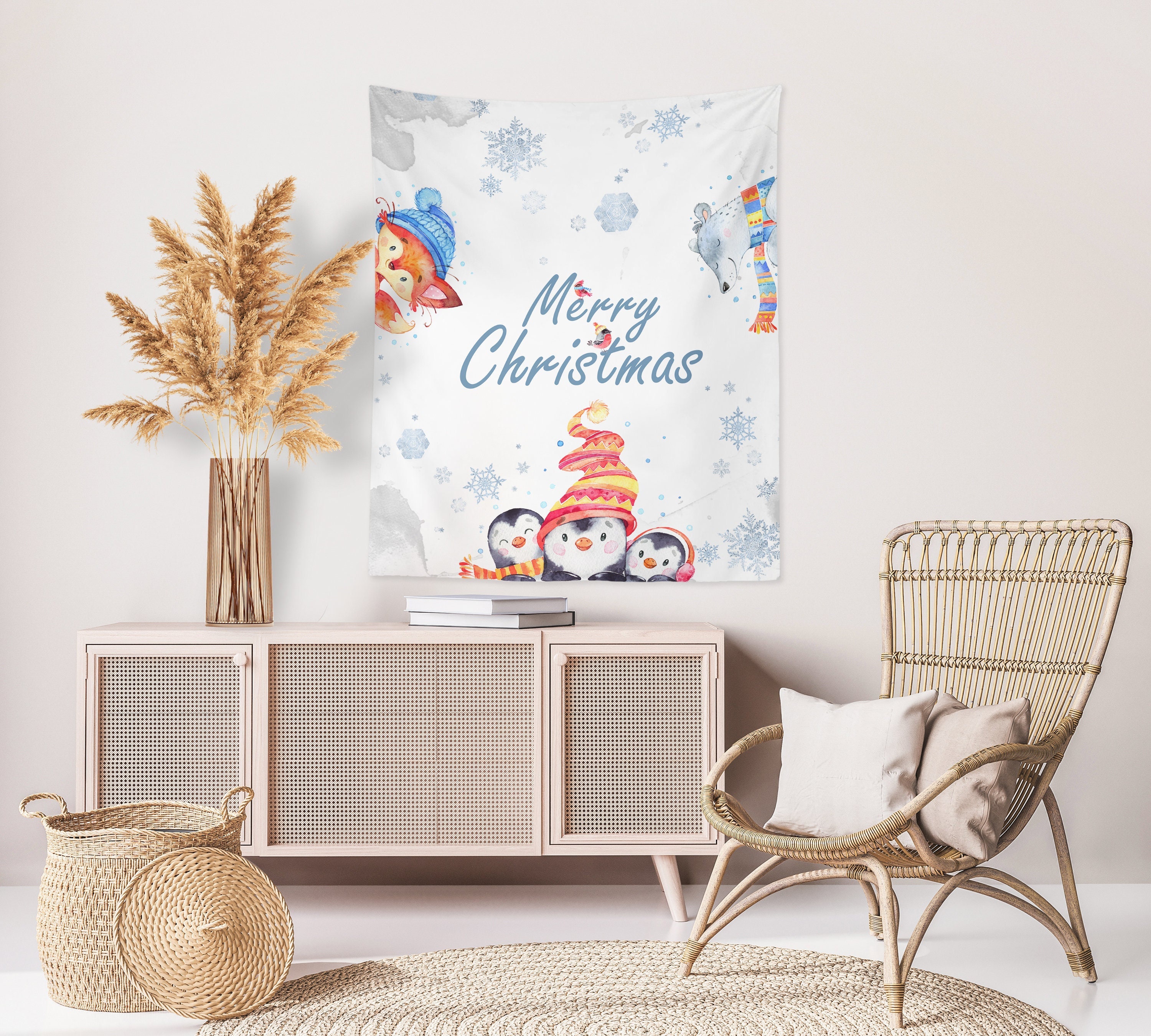 Christmas Art Tapestry, Seasonal Holiday Decor, Merry Christmas Wall Hanging, Tapestry Decor for Room, Winter Animals Wall Hanging