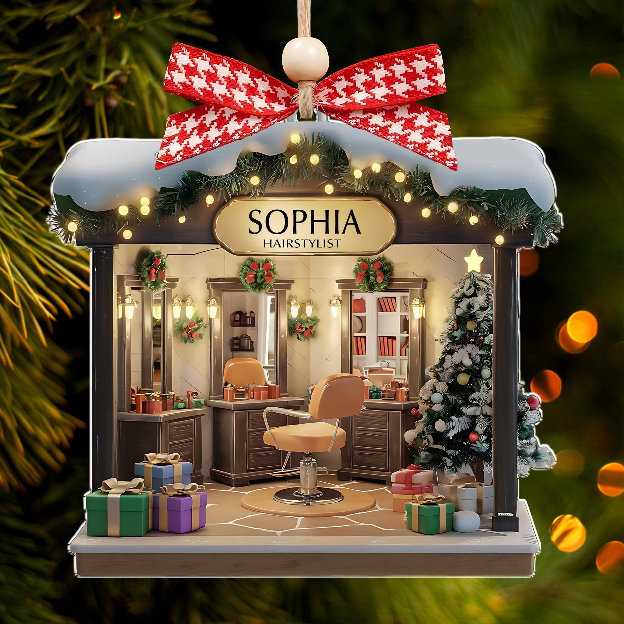 Personalized Hair Salon 2D Flat Printed Acrylic Ornament Not 3D, Hairdresser Gifts, Christmas Decor, Hair Stylist Christmas Ornament