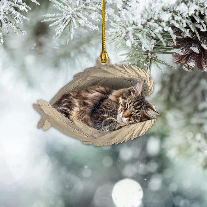 Personalized Maine Coon Cat Angel Wings Ornament, Cat Sleeping Xmas Ornament