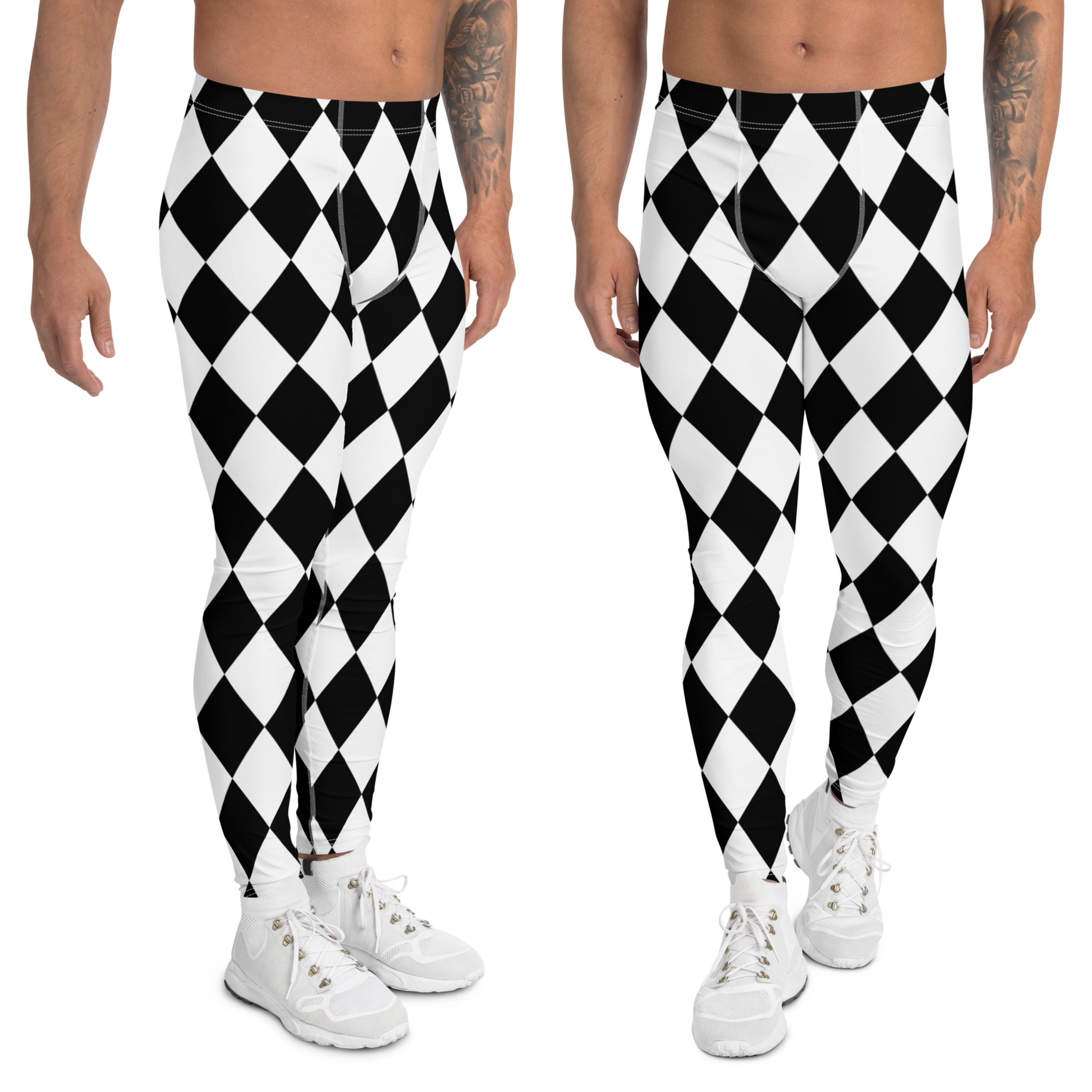 Men's Black White Harlequin Diamond Leggings, Men's Geometric Meggings