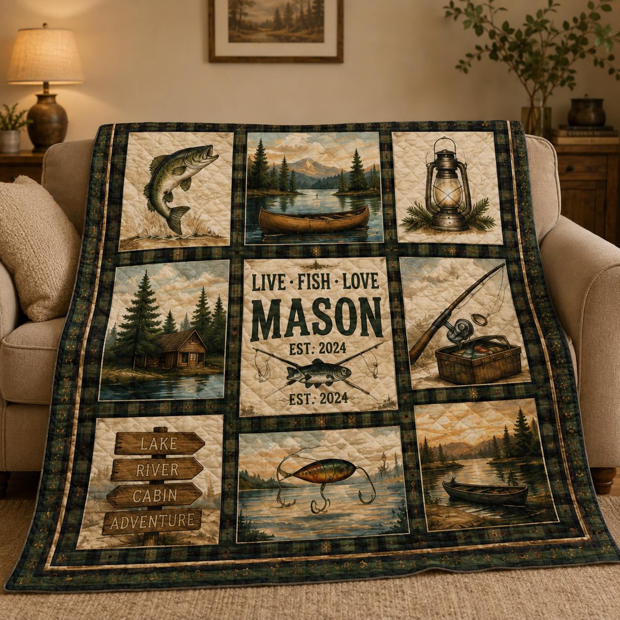 Personalized Hunting Patchwork Blanket, Custom Deer and Duck Hunting Quilt, Bass Fishing Blanket, Hunter Gift for Men