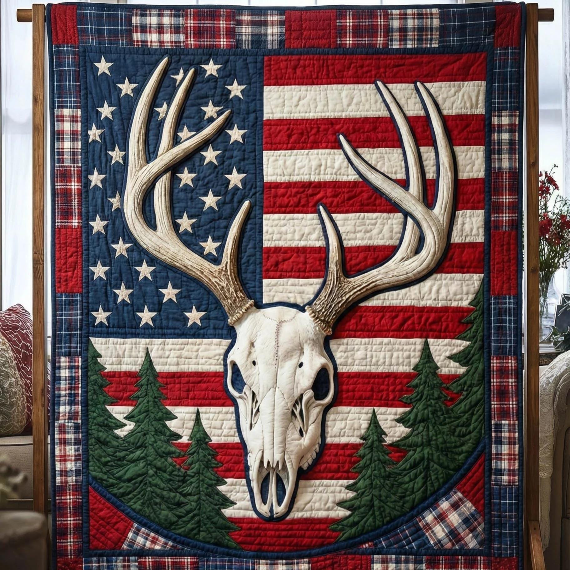 American Flag Deer Skull Quilt Blanket, Rustic Hunting Lodge Decor, Patriotic Buck Antler, Cabin Style Gift for Hunters