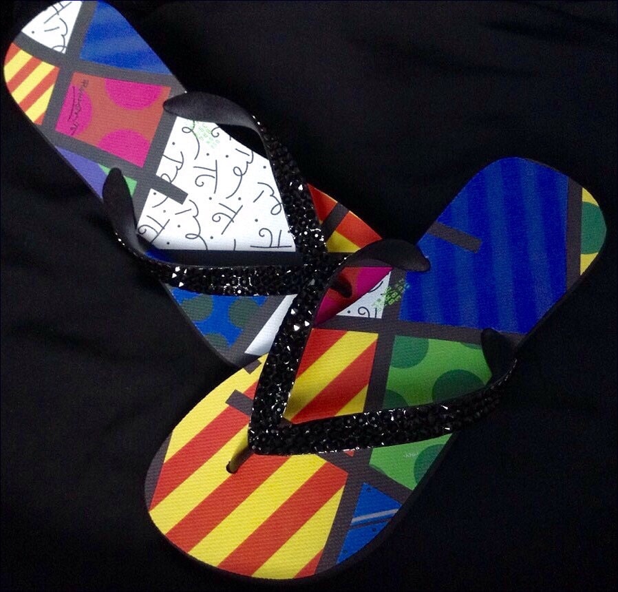 Crystal Flip Flops Collector Black Multi Color Rainbow flat Summer Beach Sandals Brazilian Fun Rhinestone Glass Slippers Thongs Shoes