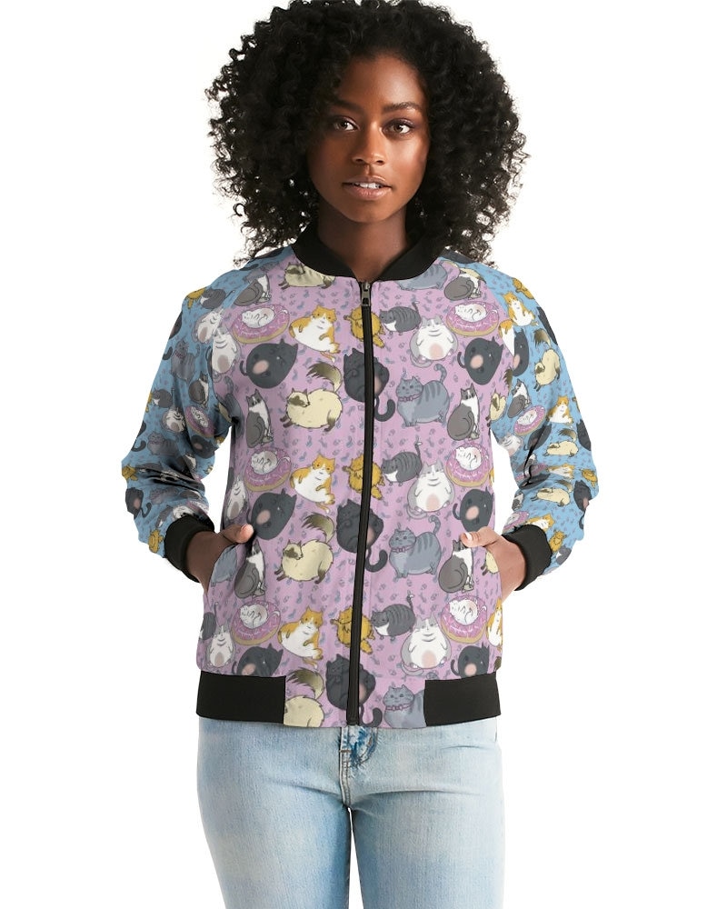 Women's Bomber Jacket All Over Chubby Cats - Pink and Blue