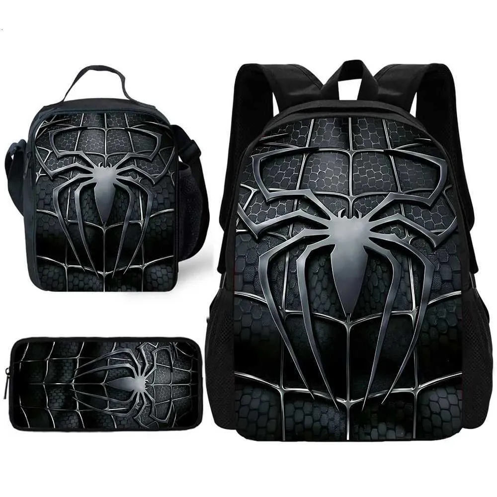 Spiders-Man Themed Kids School Backpack with Lunch Bag, Pencil Case - Black Red PP Material, Interior Slot Pocket, Durable Boys Book Bag