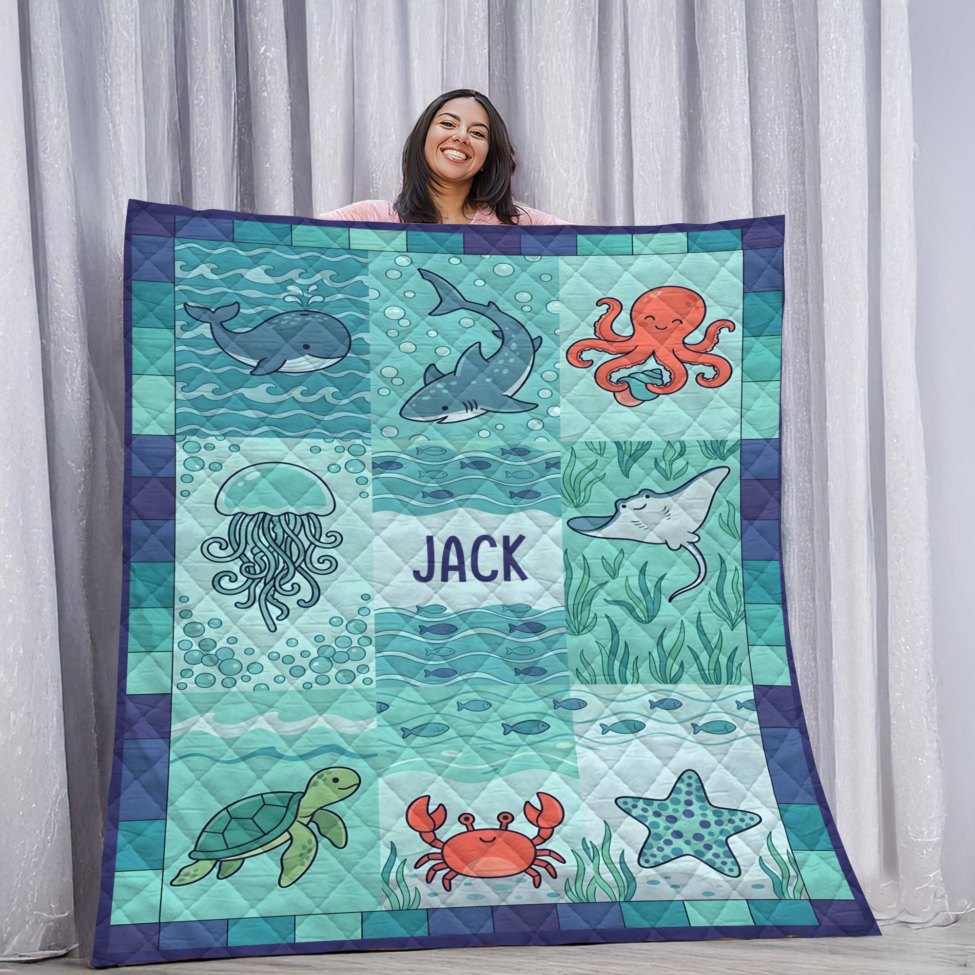 Personalized Kids Ocean Quilt Baby Blanket with Sea Animals Nursery Bed Cover