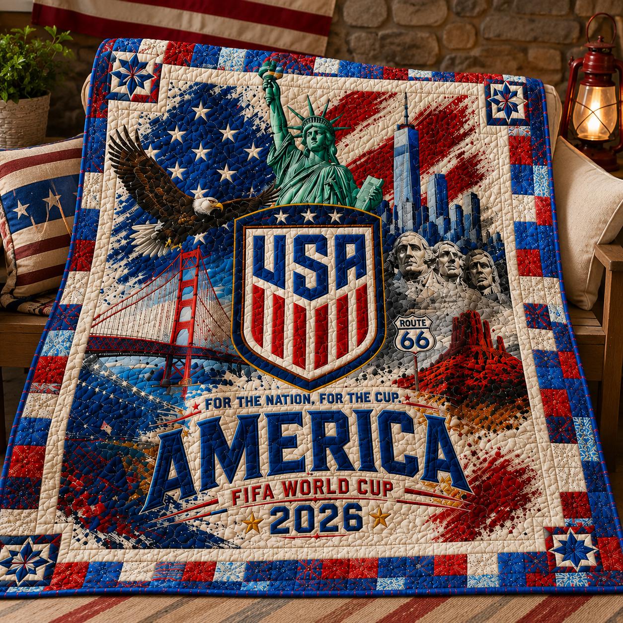 USA Soccer Quilt Blanket, America 2026 World Cup Throw, 2D Printed Patriotic Football Bedding