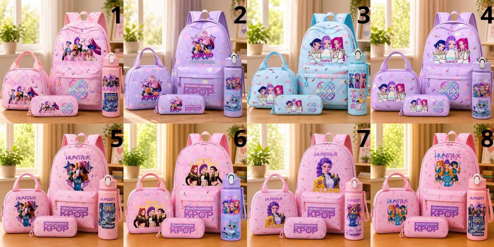 K Pop Demon Hunter 4 Piece Backpack Set, K Pop Backpack Set With Lunch Bag, Pencil Case & Water Bottle, Anime Demon Hunter School Bag Set.