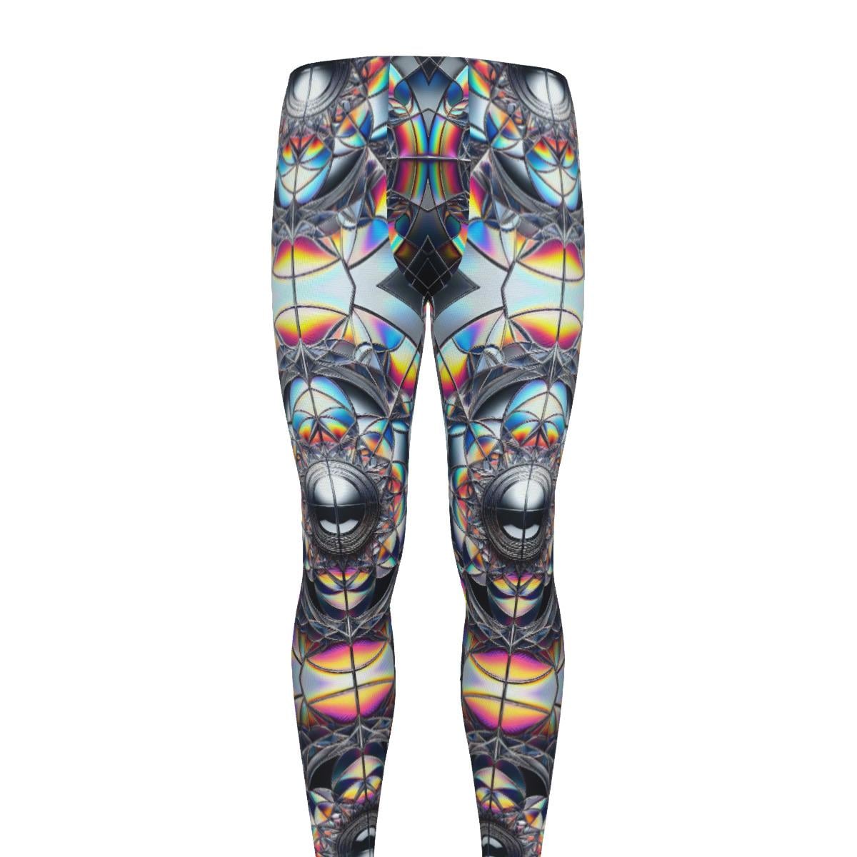 Robot Hologram Psychedelic Mens Leggings, 3D Trippy Rave Festival Pants, Workout Cycling Athletic Fitness Running, Exercise Wrestling Pants