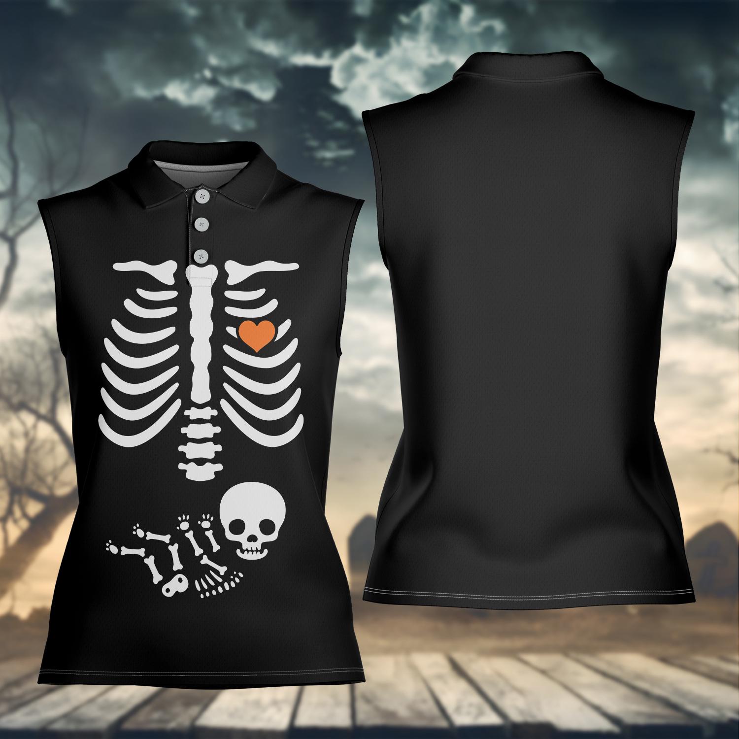 Women Sleeveless Polo Shirt, Funny Rib Cage Skeleton Halloween Golf Top, Pregnant Women or Beer Lovers Spooky Costume, Fall Party Outfit