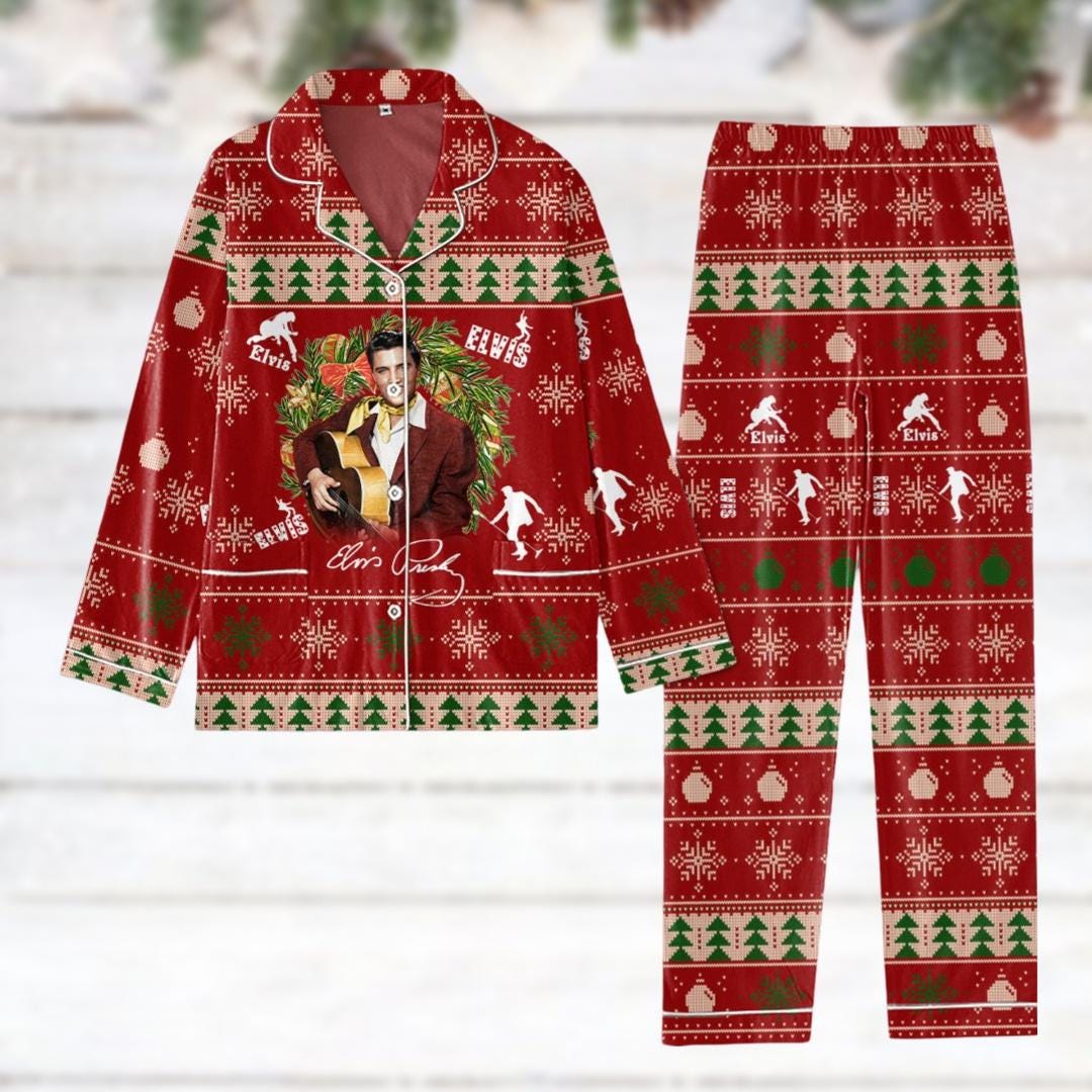 Elvis Presley Christmas Pajamas, King Of Rock Women Pajamas, Rock N Roll Pajamas Set, Music Lover Gift, Pjs Christmas