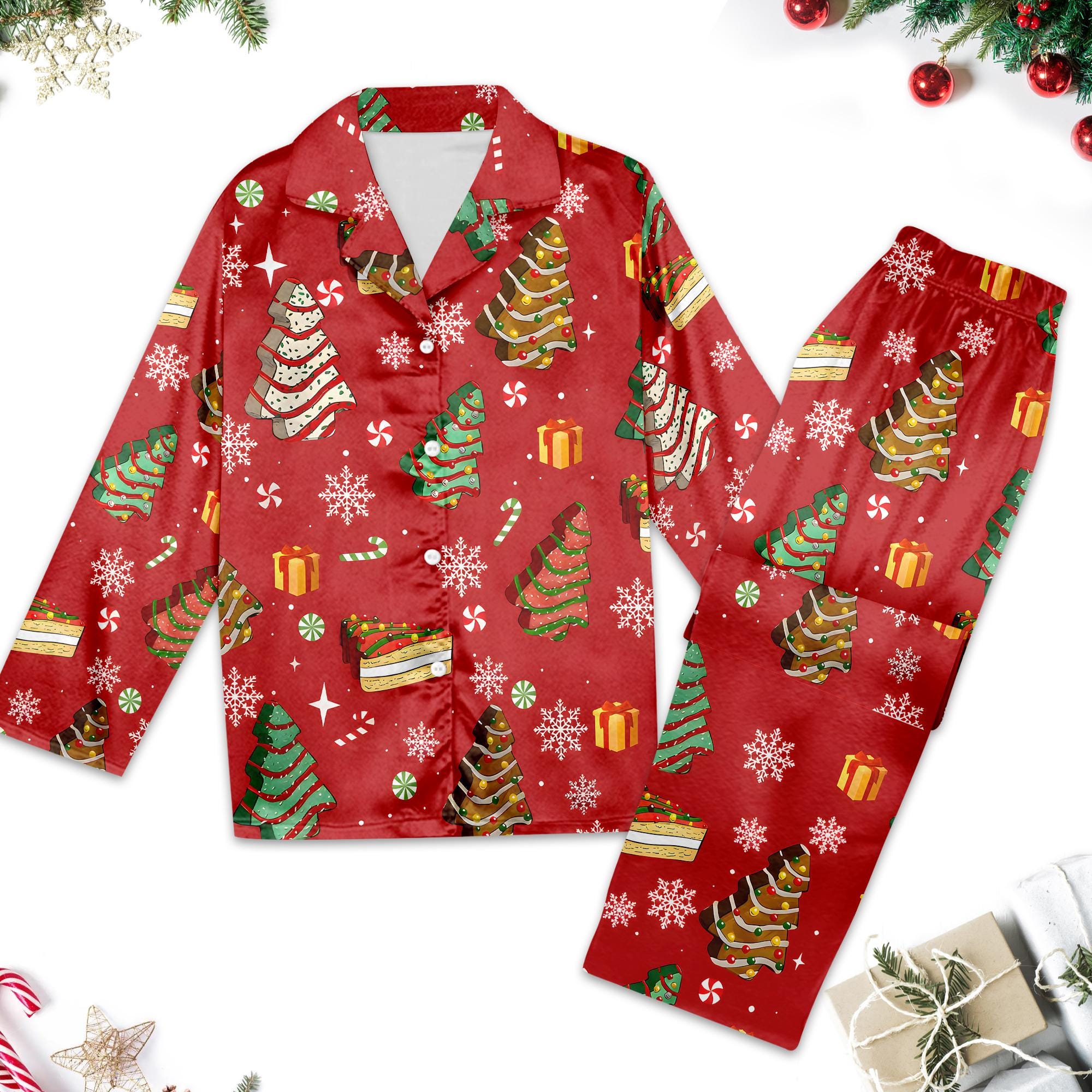 Christmas Tree Pajamas Set, Christmas Tree Button Up Shirt, Christmas Party Pajamas Gift For Women, Xmas Holiday 3D All Over Print Shirt
