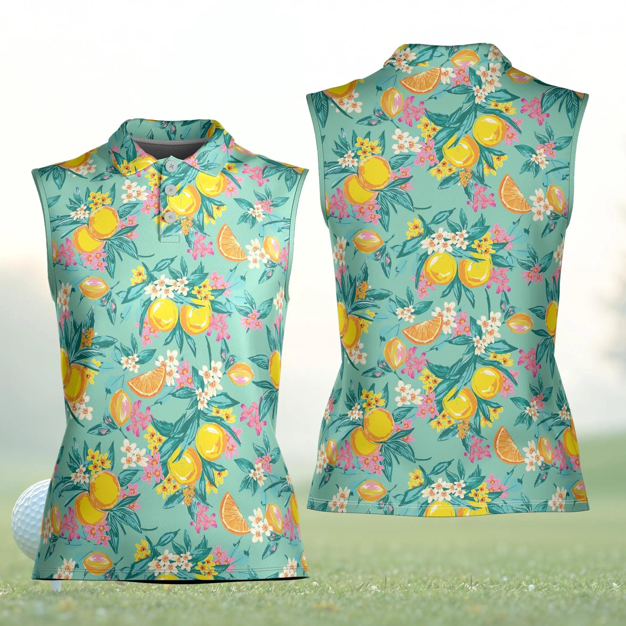 Lemon Floral Women's Sleeveless Polo Shirt for Summer Golf and Casualwear