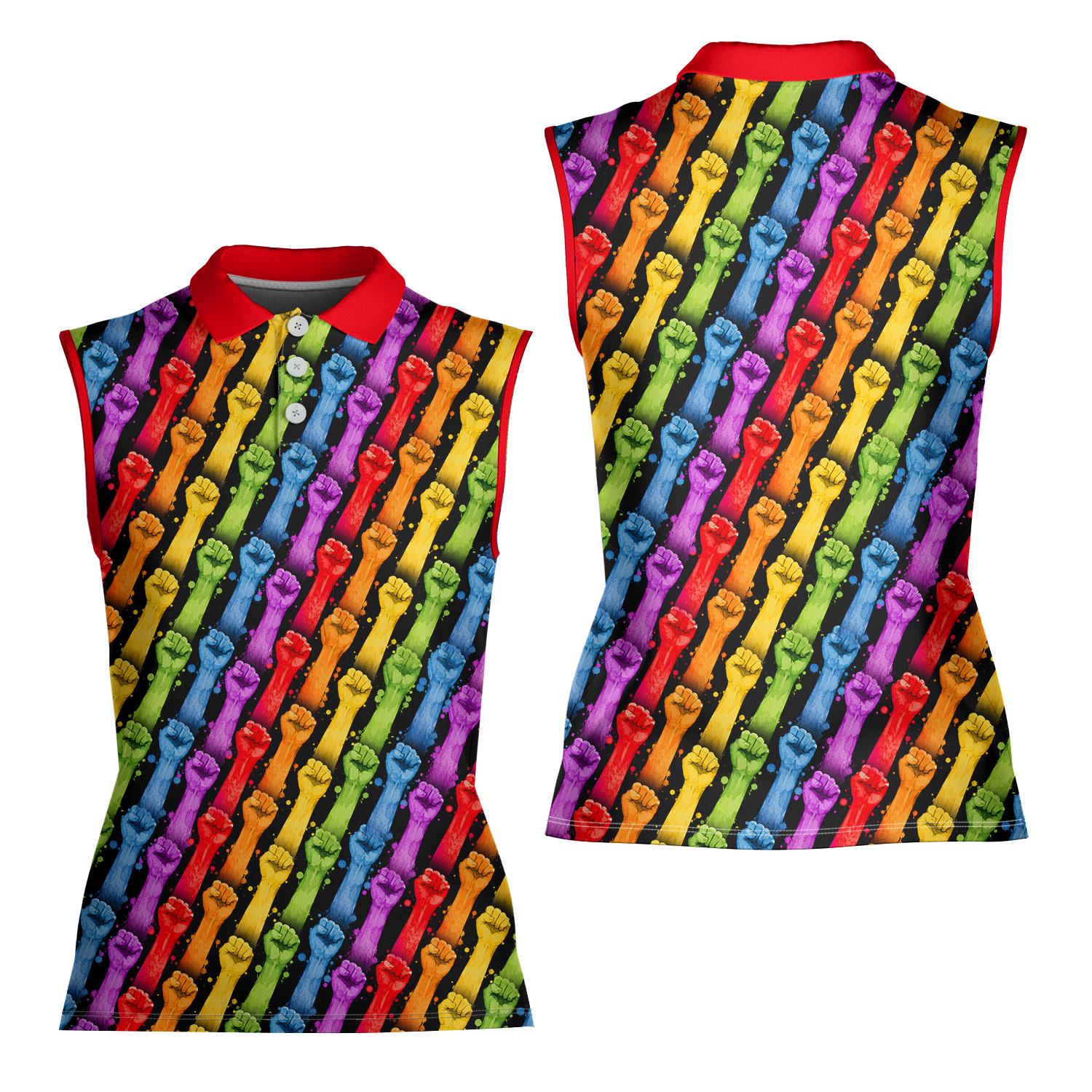 Women Sleeveless Polo Shirt, Colorful Fist Pattern, Rainbow Pride LGBTQ+ Empowerment Graphic Top, Summer Casual Wear
