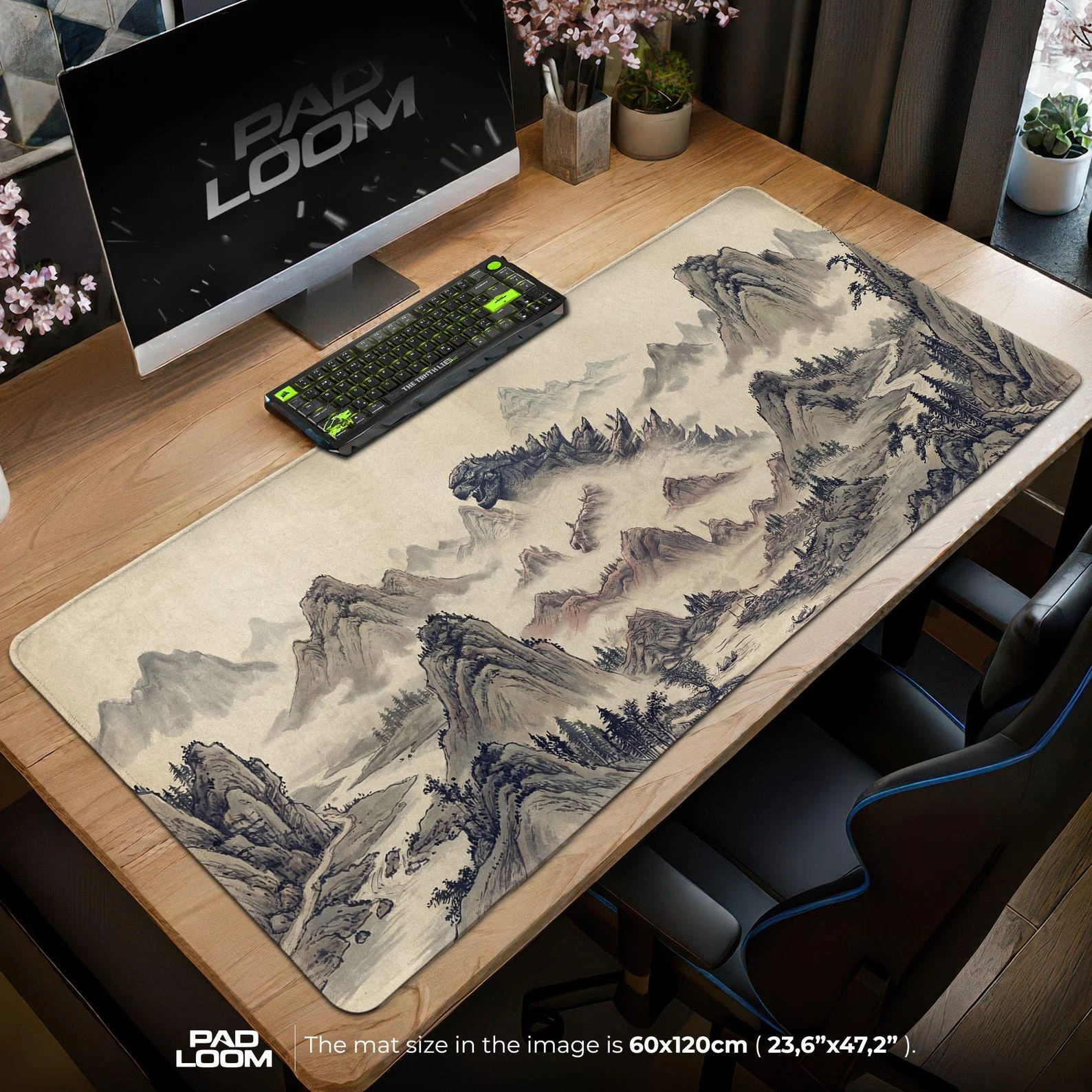 Kaiju Desk Mat, Vintage Japanese Ink Wash Art Gaming Mouse Pad