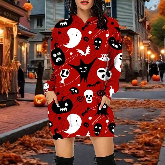 Halloween Hoodie Dresses Women Fashion Casual Long Sleeve