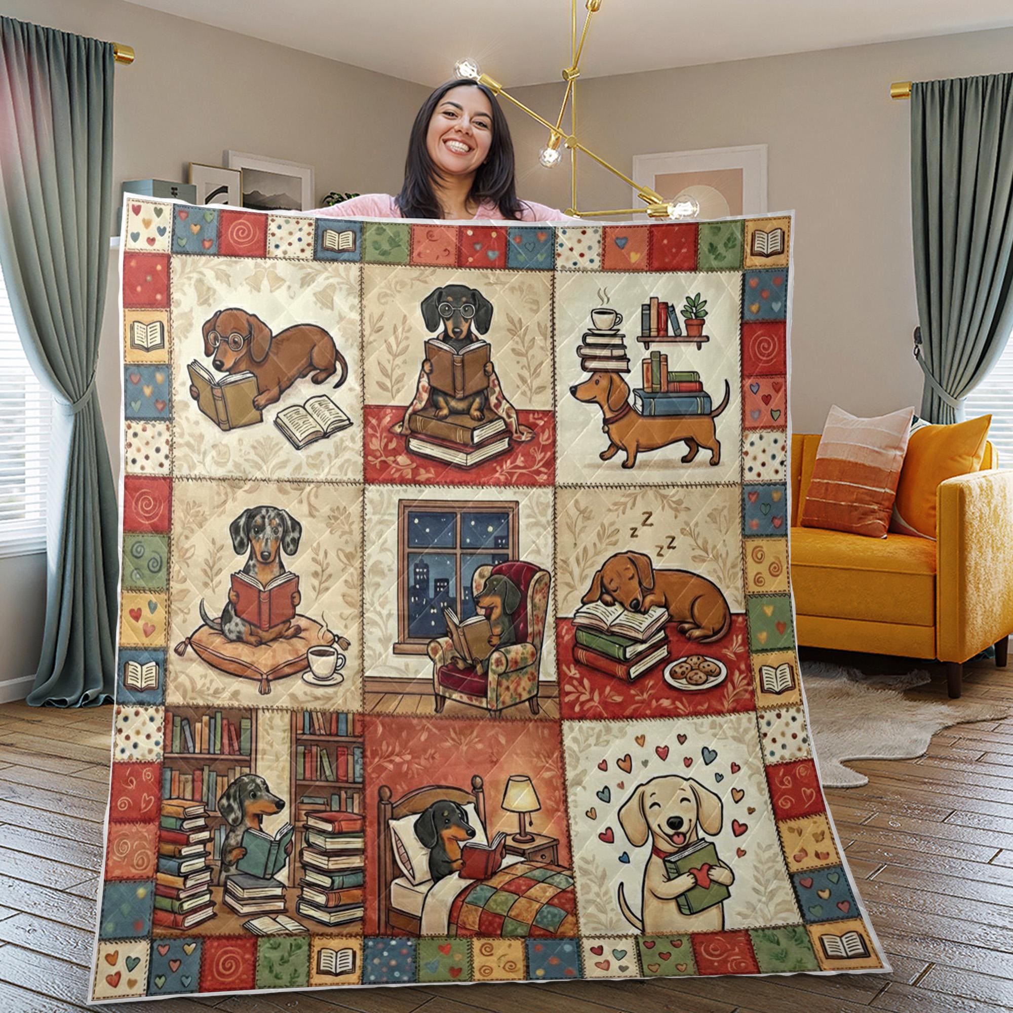 Patchwork Polyester Quilt Blanket: Reading Dachshunds Library Theme Illustrative Print