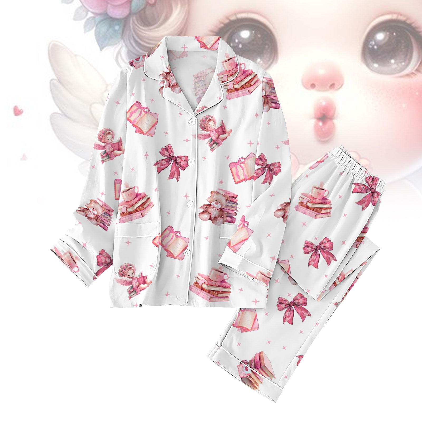 Coquette Bow Women Pajamas Set, Pink Angels Valentine Sleepwear, Pink Cupid T-Shirt Pants Set, 2025 Valentine Pajamas Gift, Gift For He