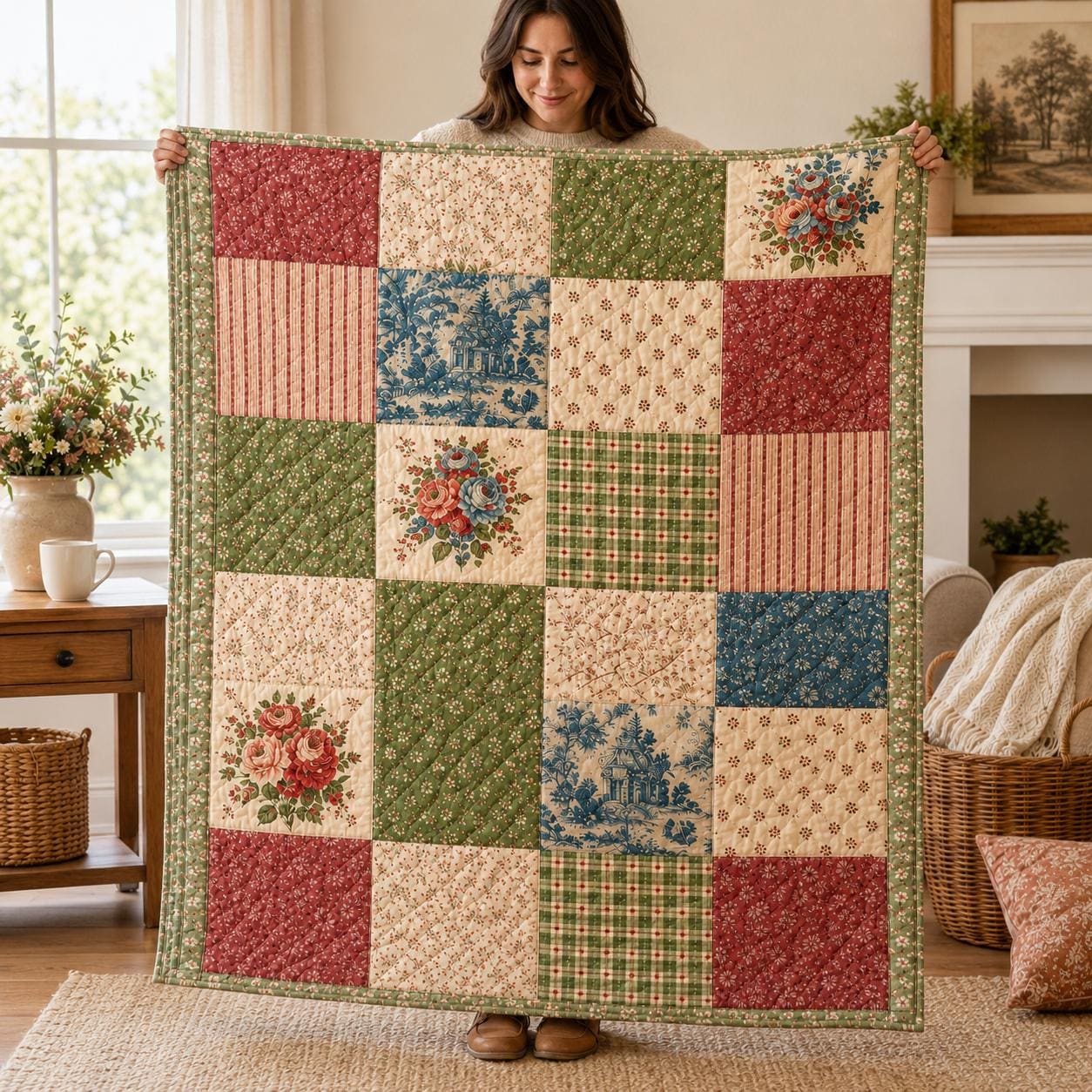 Vintage Floral Quilt Blanket, Cottagecore Patchwork, Rustic Farmhouse Bedding, Country Style Floral Decor