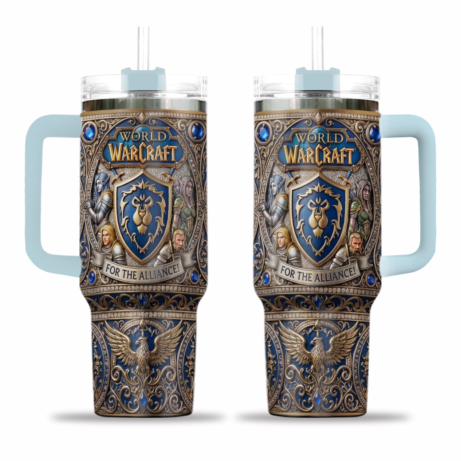 World of Warcraft Tumbler 40oz Mug with Handle For The Alliance Fan Gift Lion Crest Gamer Gear Blue Gold Filigree Gaming Art Design Art