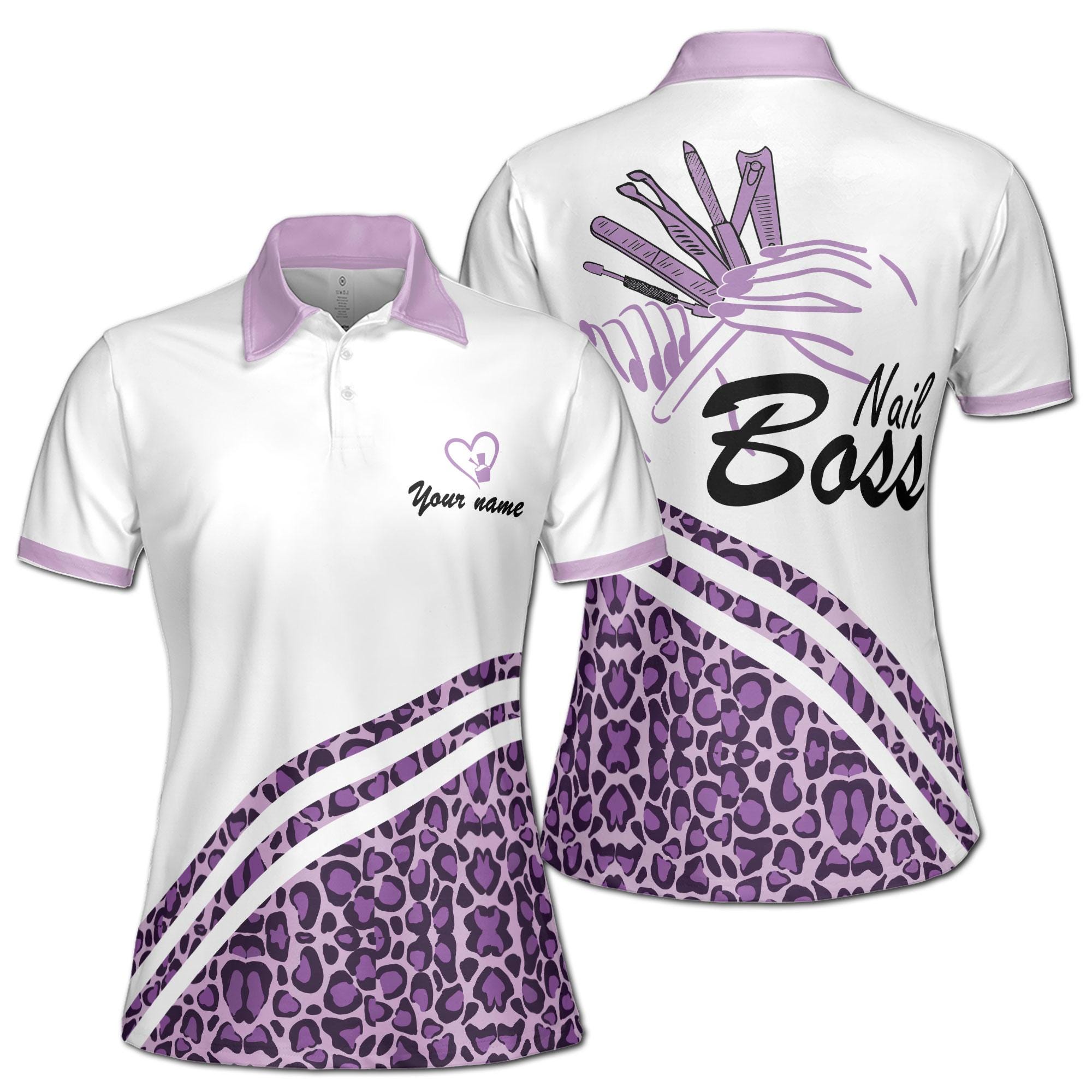 Custom Name Nails Boss Purple Leopard Pattern Women's Polo Shirt