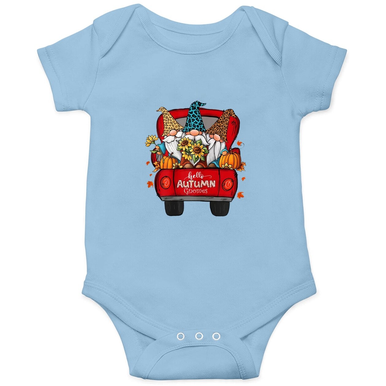 Hello Autumn Truck Gnomes Pumpkin Fall Leaves Thanksgiving Baby Bodysuit