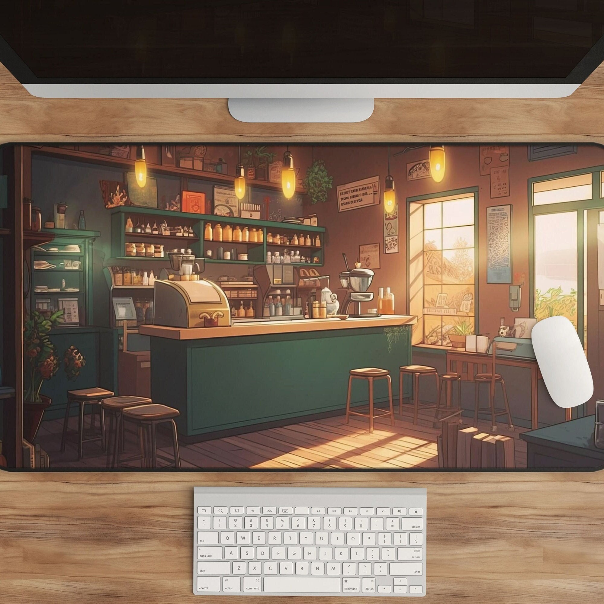 Anime Coffee Shop Desk Mat: Kawaii Lo-Fi Gaming Pad