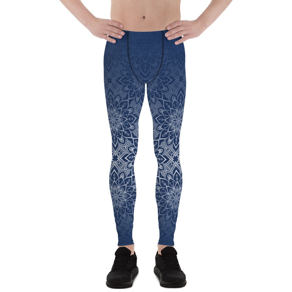 Mens Leggings - Meggings - Blue Mandala Pattern Print in a Geometric Design Style