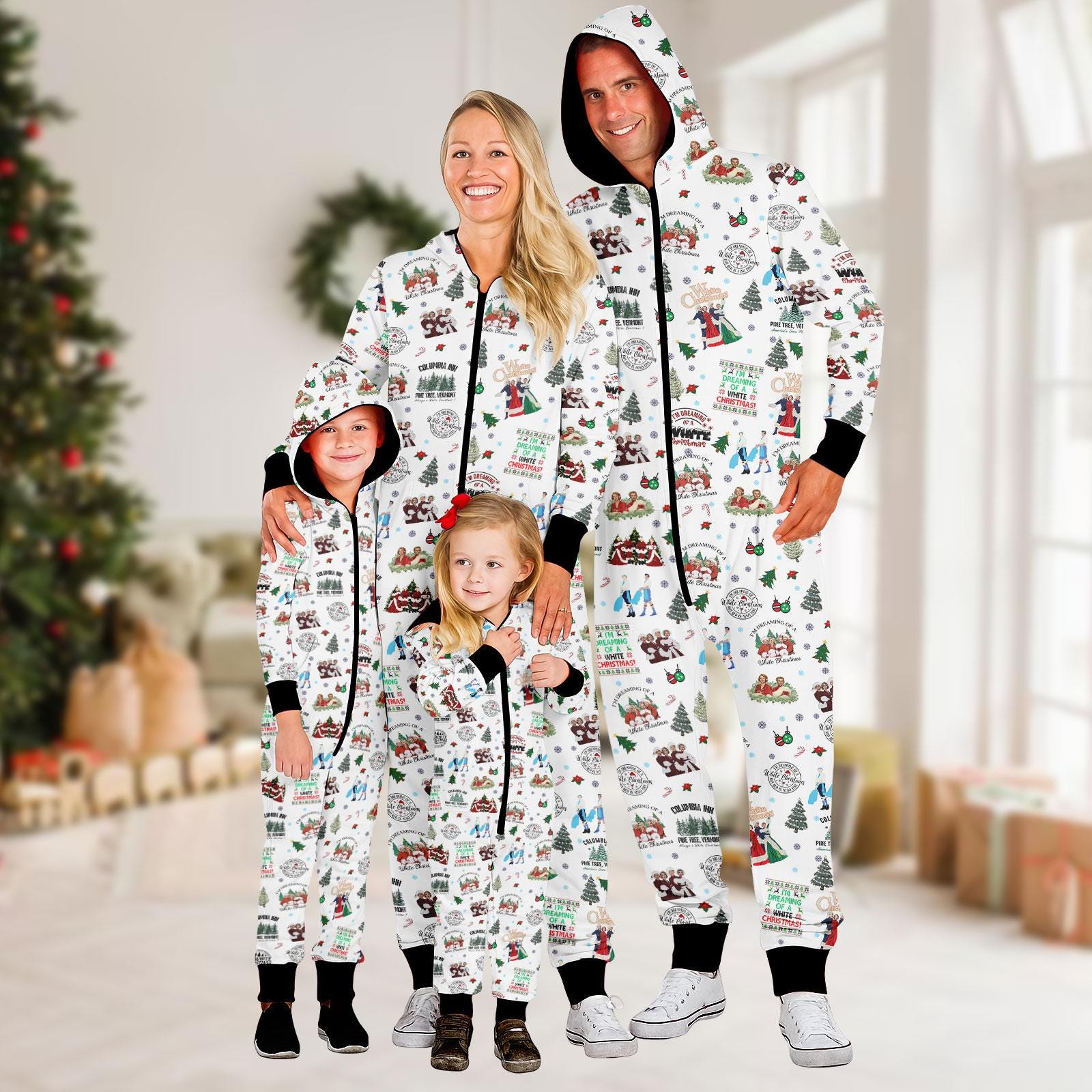 White Christmas Onesie Pajamas, White Christmas Movie Jumpsuit, Christmas Movie Pajamas Family, 90s Movie Pajamas For Girls