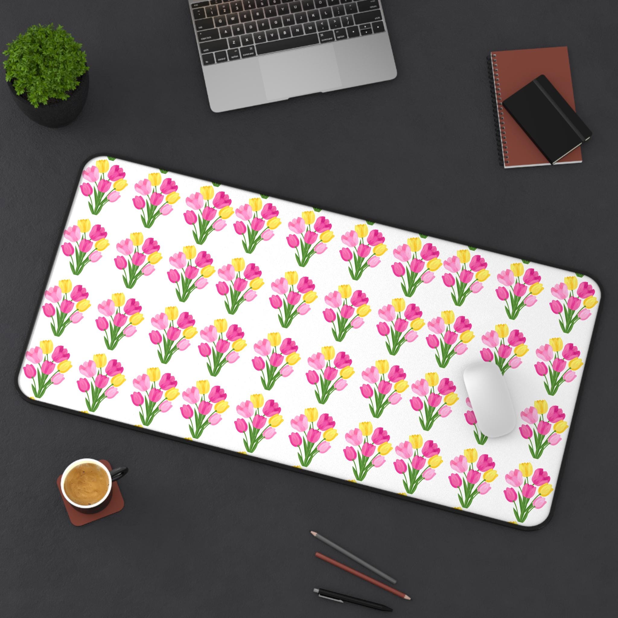 Floral Tulips Desk Mat, Bright Summer Blooms, Office Decor