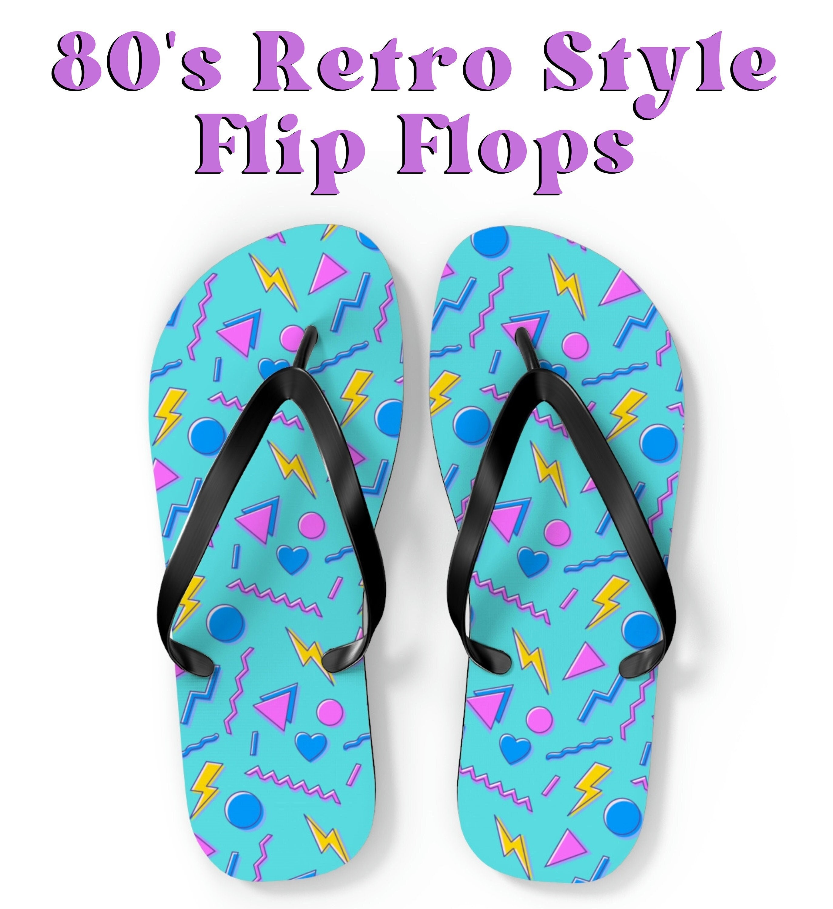 80s 90s Retro Print Flip Flops, Unisex Flip Flops, Summer Sandals for Men, Women and Teens, With Hearts Circles Lightning Bolts, Pool Party