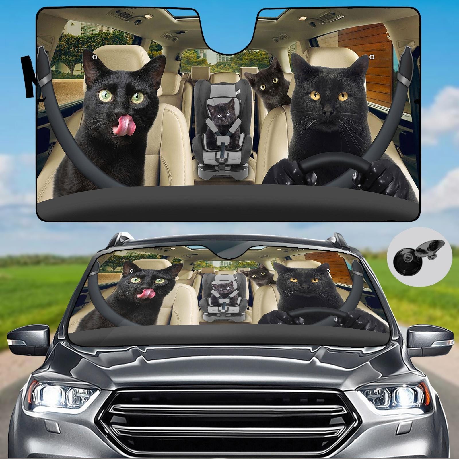 Black Cat Auto Car Sunshade, Funny Cat SunShade, Car Shades For Windshield, Cat Love Sun Shade, Sun Visor Car, Gift For Family Trip