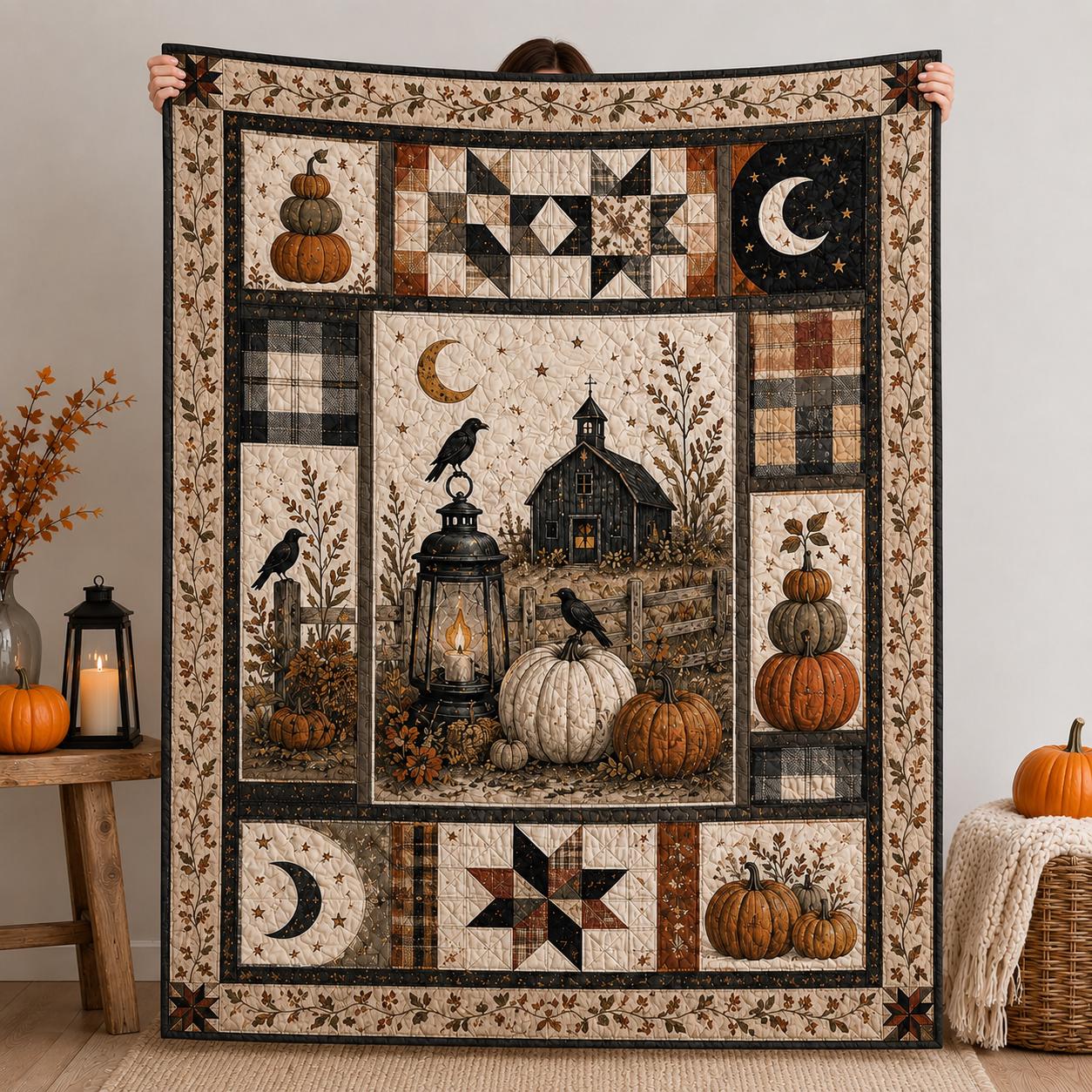 Vintage Halloween Patchwork Quilt Blanket, Spooky Season Fall Home Decor
