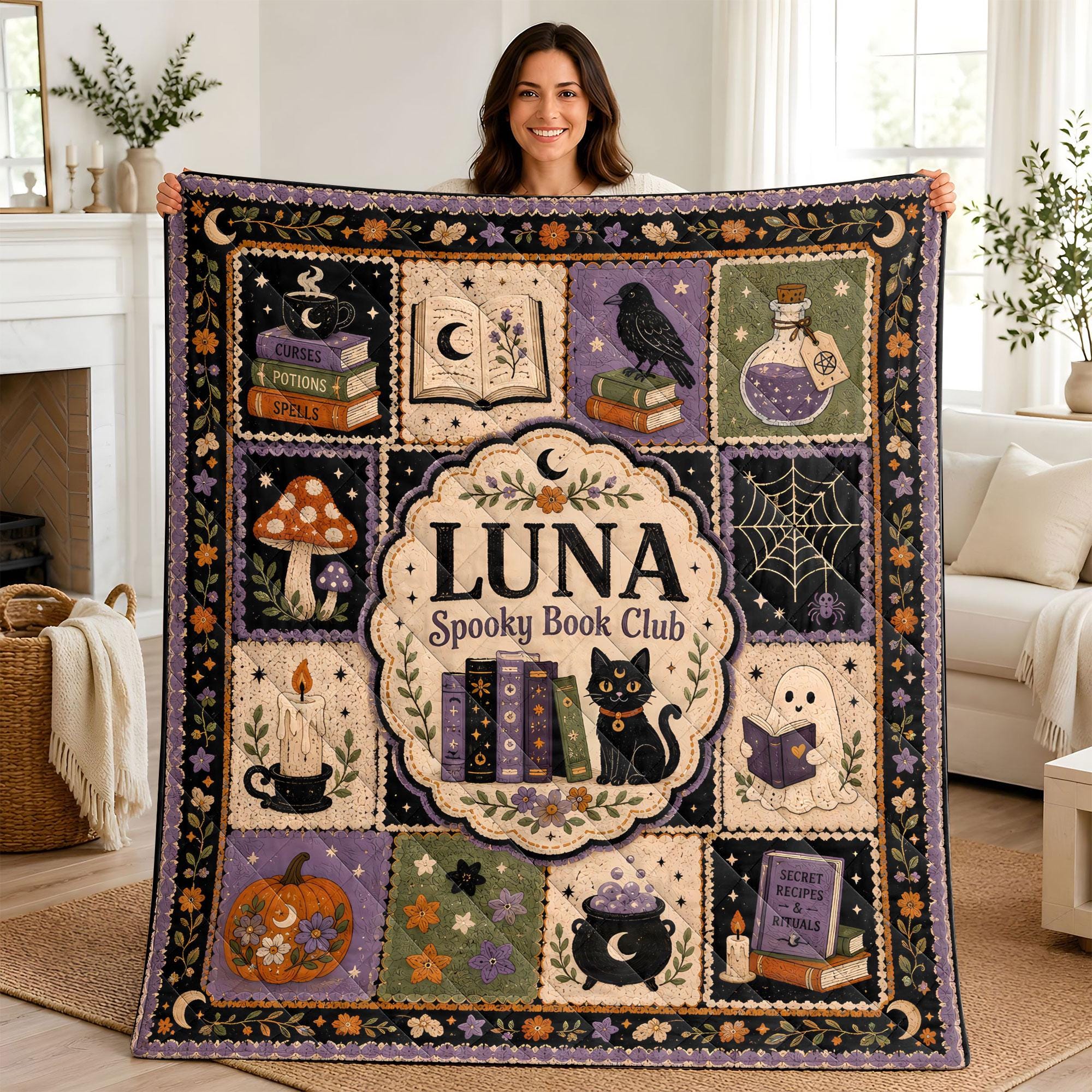 Personalized Spooky Book Club Quilt, Custom Name Halloween Reading Blanket, Witchy Black Cat Book Lover Fall Quilt