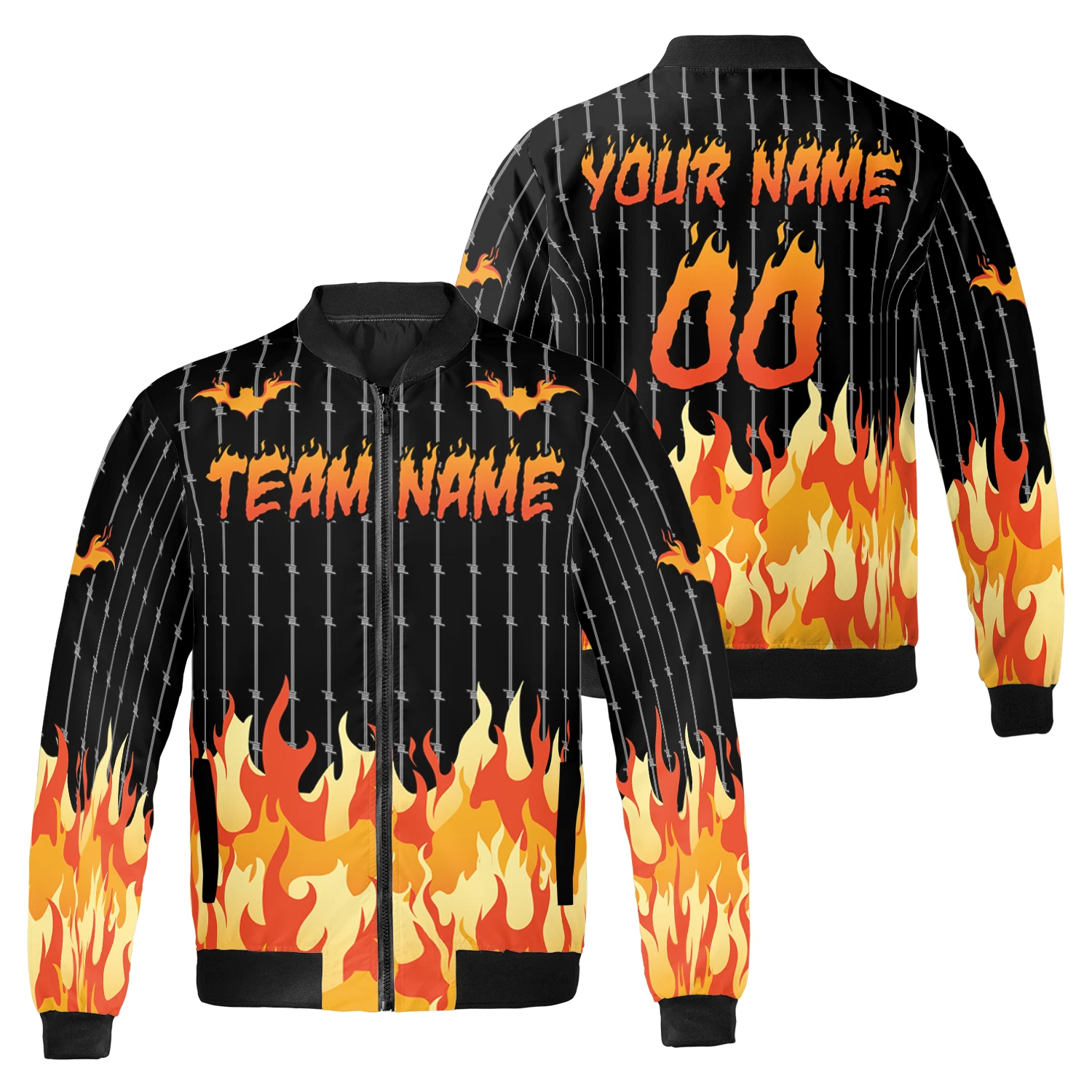 Personalized Halloween Flame Spooky Season Striped Bomber Jacket