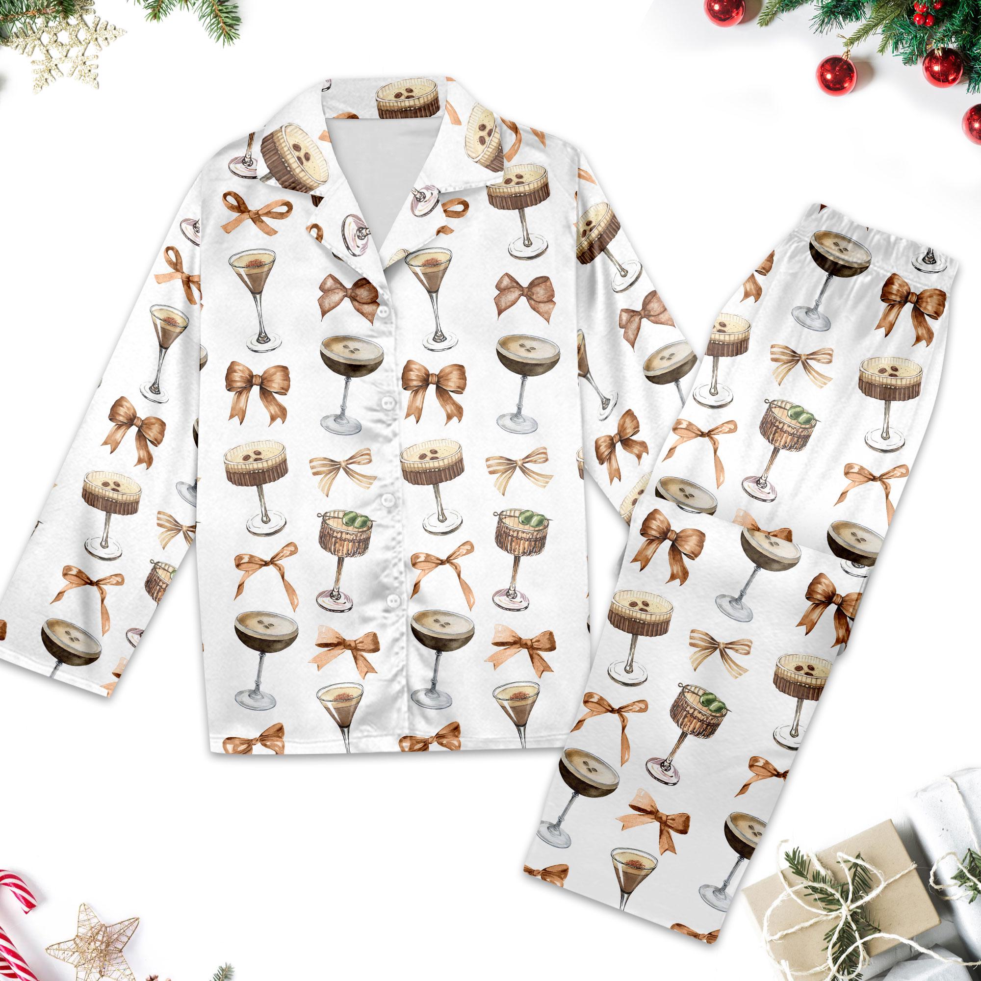 Espresso Martini Christmas Pajamas Set, Espresso Martinii Coquette Bow Pajama Set, Martinii Cocktail Pajama Pjm, Xmas Holiday Party Gift
