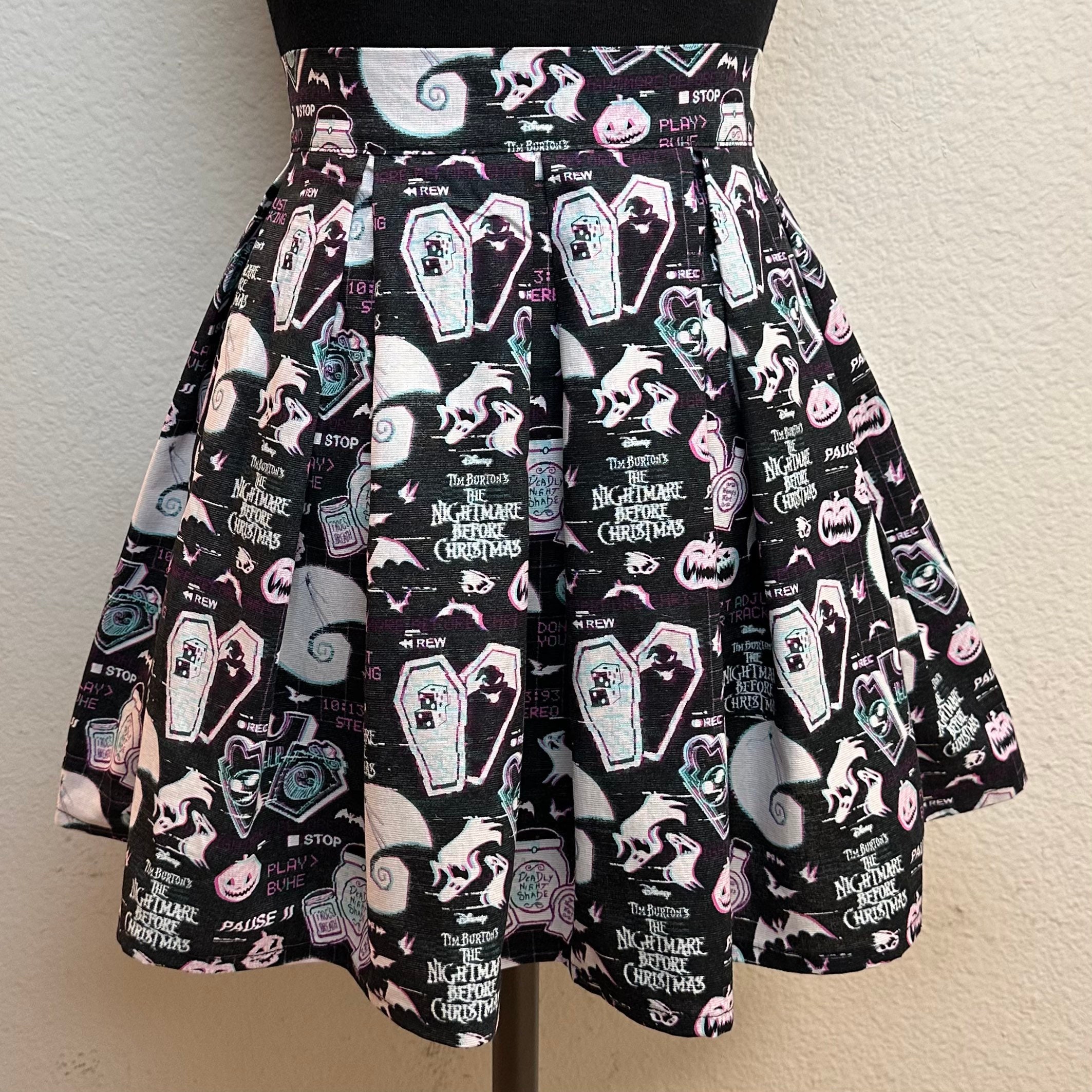 Handmade Skirt with POCKETS! Printed Pleated High Waisted Skater Skirt Made with Nightmare Before Christmas TV Static Fabric