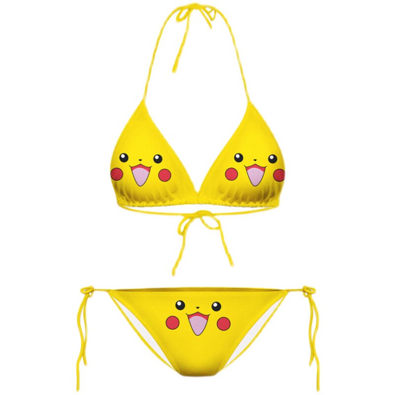 Pika-Inspired Three-Piece Bikini Women's Yellow Halter Tie Triangle Bikini Two-Piece Swimsuit