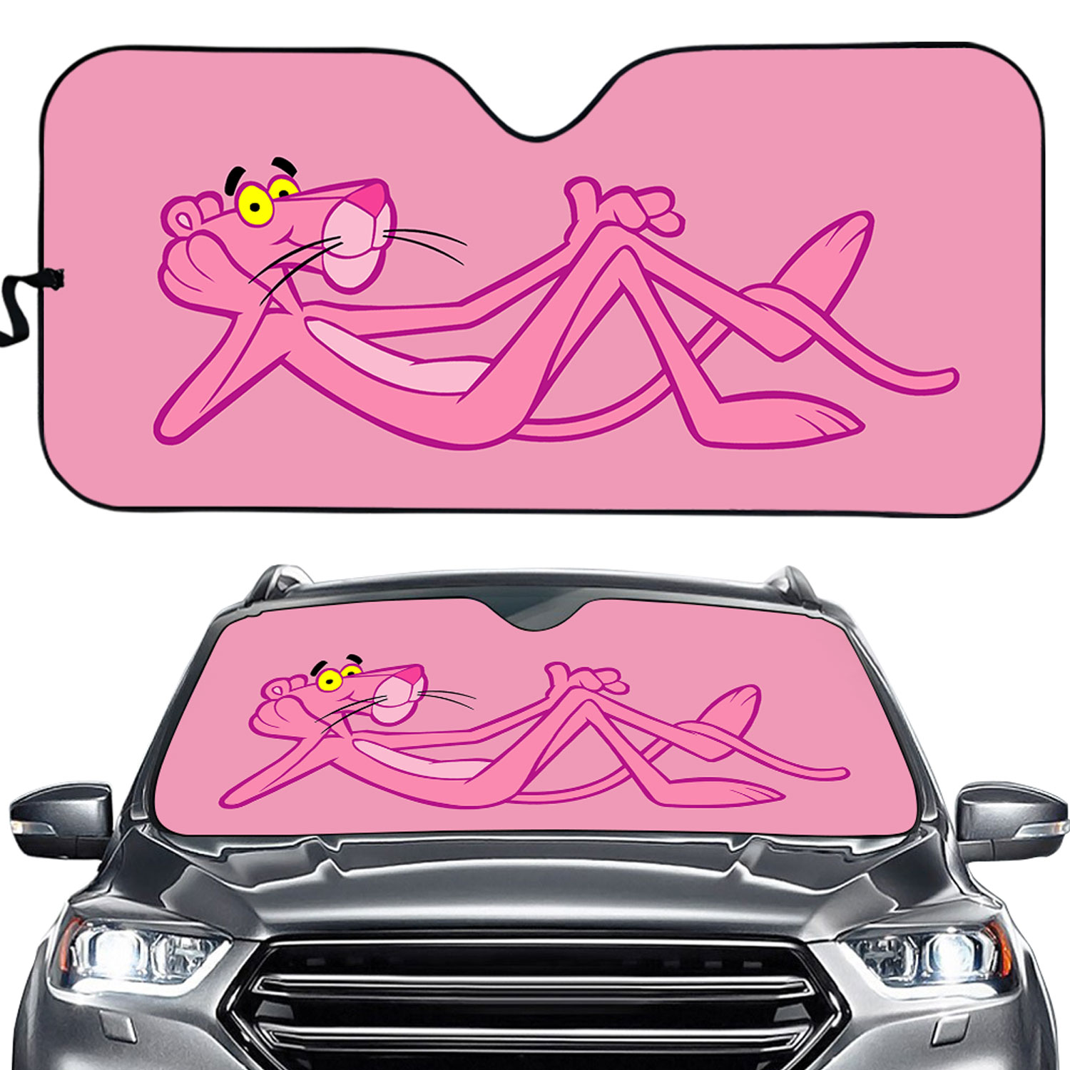 Pink Panther Car Sun Shade, Cartoon Pink Panther Print Auto Sunshade