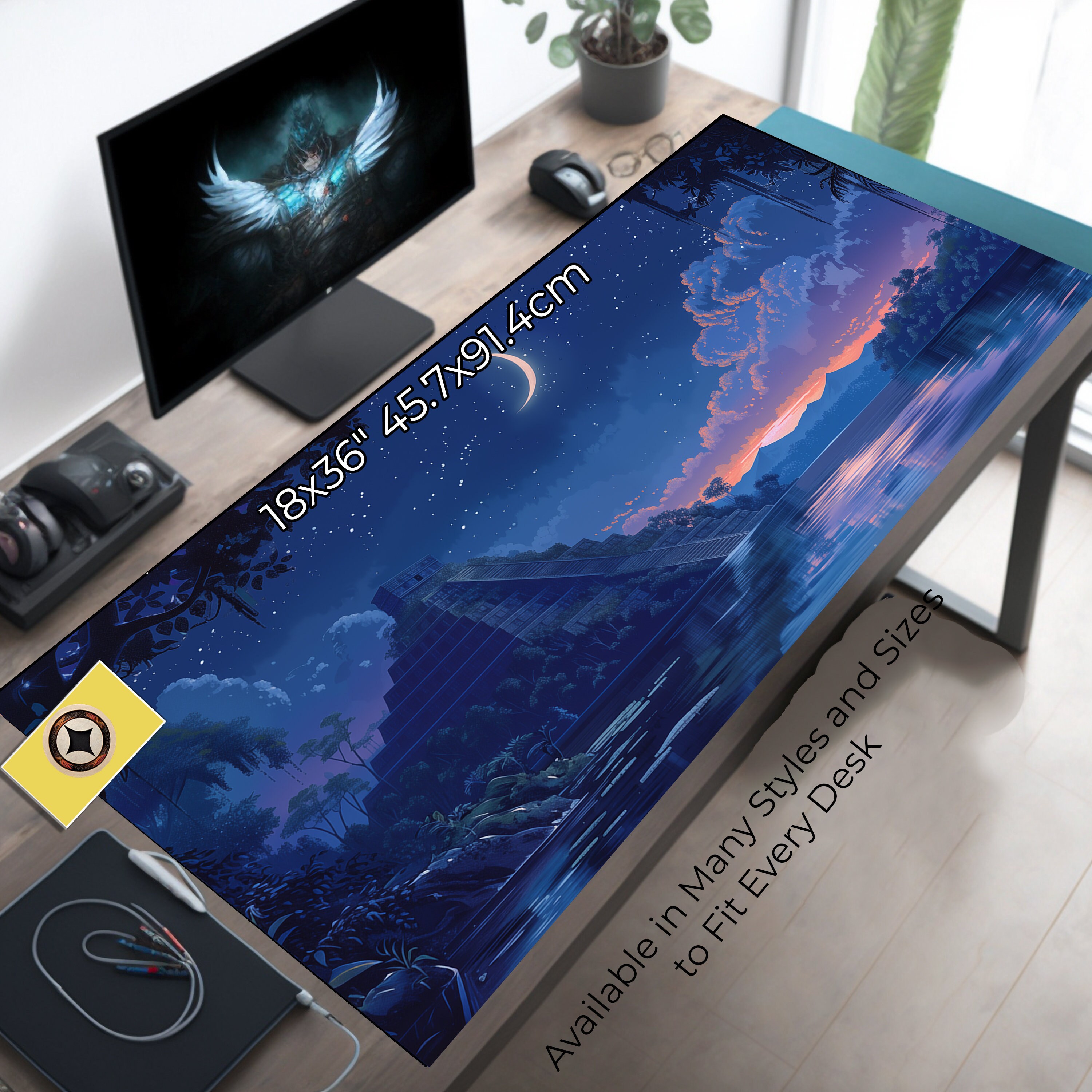 Blue Aztec Night Sky Gaming Desk Mat - Pyramid and Crescent Moon XL Mousepad, Aztec Lover Gift