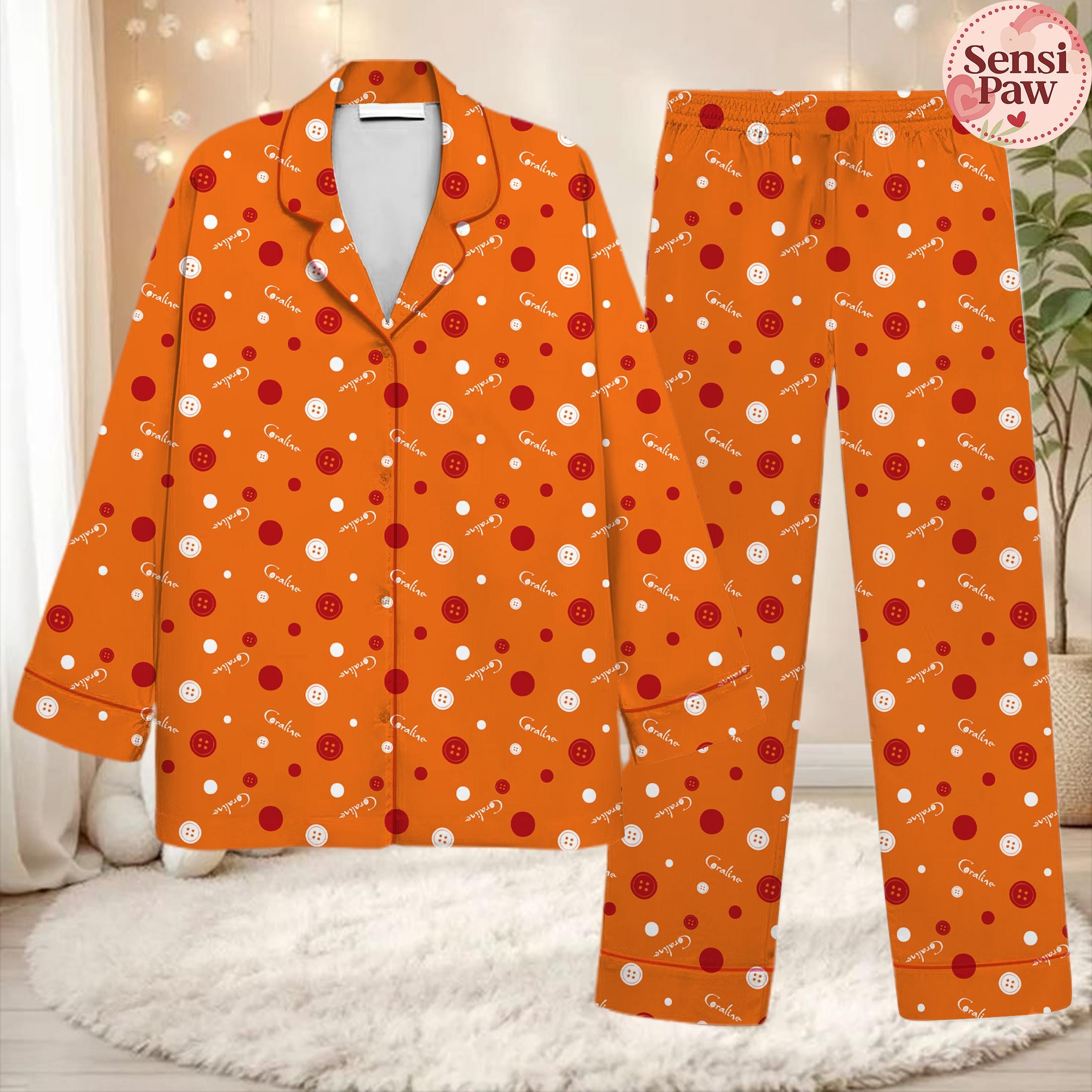 Coraline Button Pattern Pajama Set Spooky Halloween Sleepwear Cozy Lounge Set for Women, Creepy Cute PJs Gift