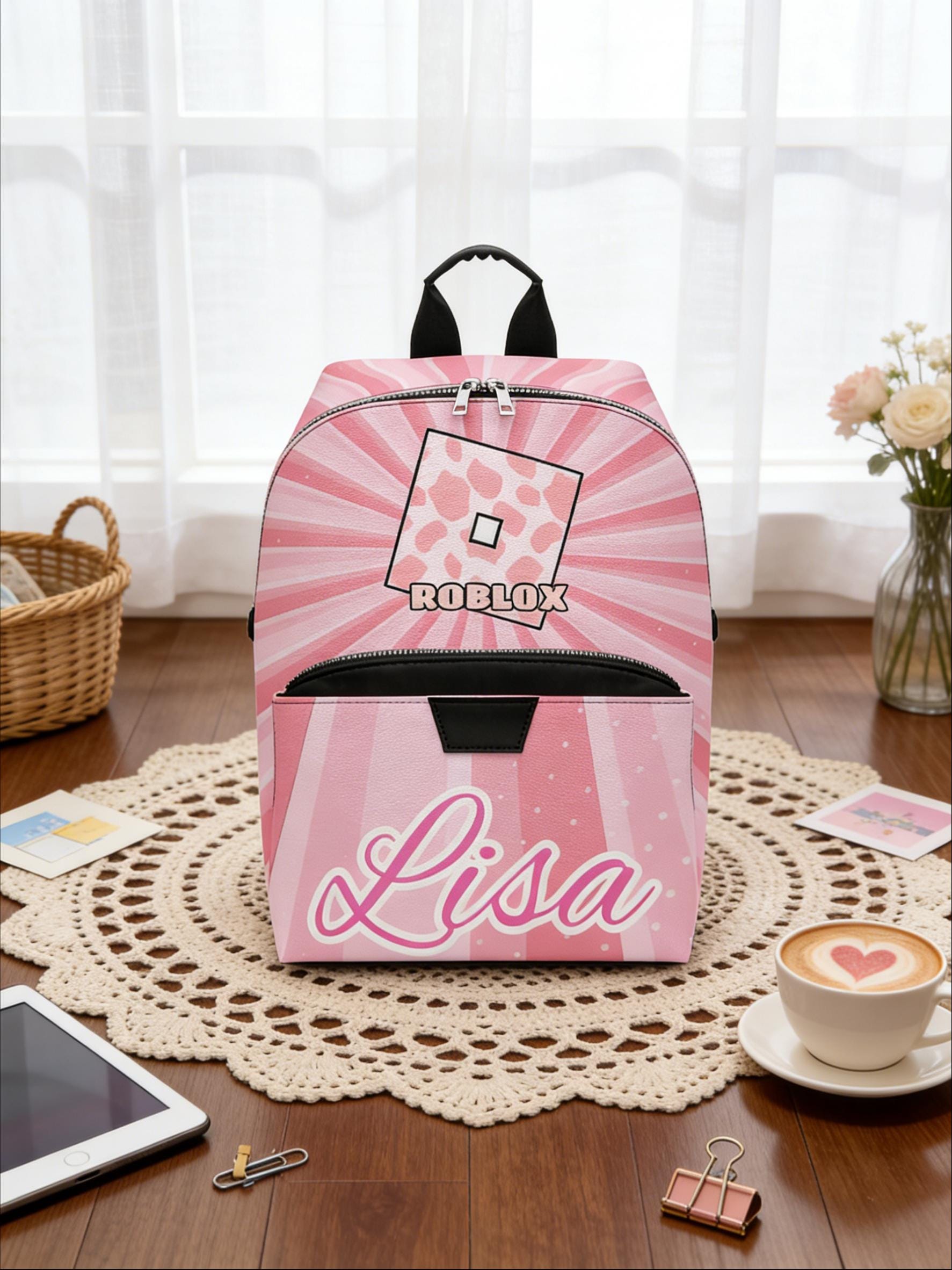 Roblox Backpack with Custom Name, Personalized Roblox School Backpack for Kids, Pink Roblox Gamer Bag, Gaming Gift for Girls & Boys