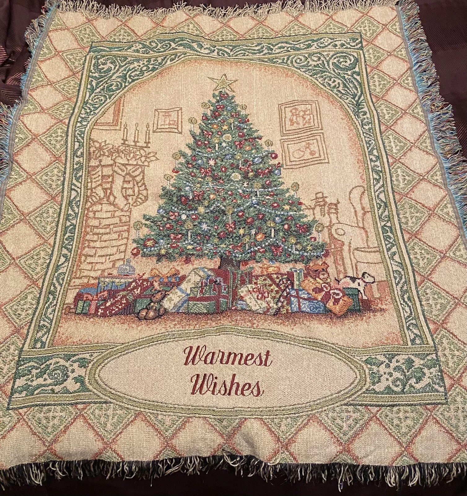 Woven Tapestry Blanket Throw Warmest Wishes Christmas Tree Presents 44”x52”