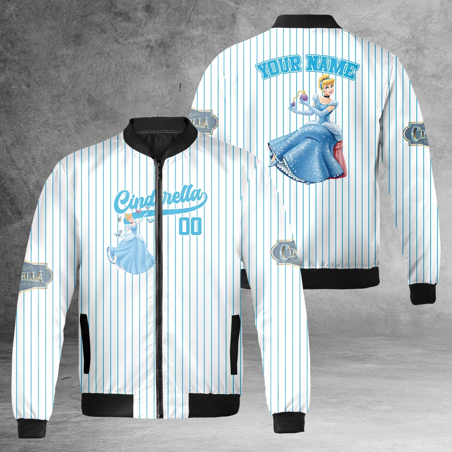 Personalized Cinde Princess Game Day Blue White Striped Jacket